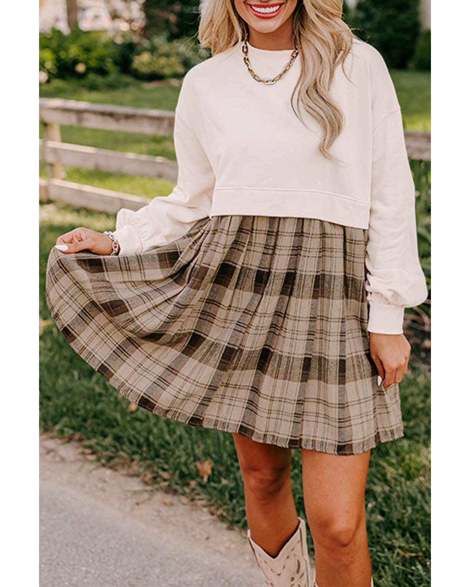 V539-AZEXDC6122499-P15-S-202506190117-00 Beige Plaid Patchwork High Waist Sweatshirt Mini Dress - S - Image 1