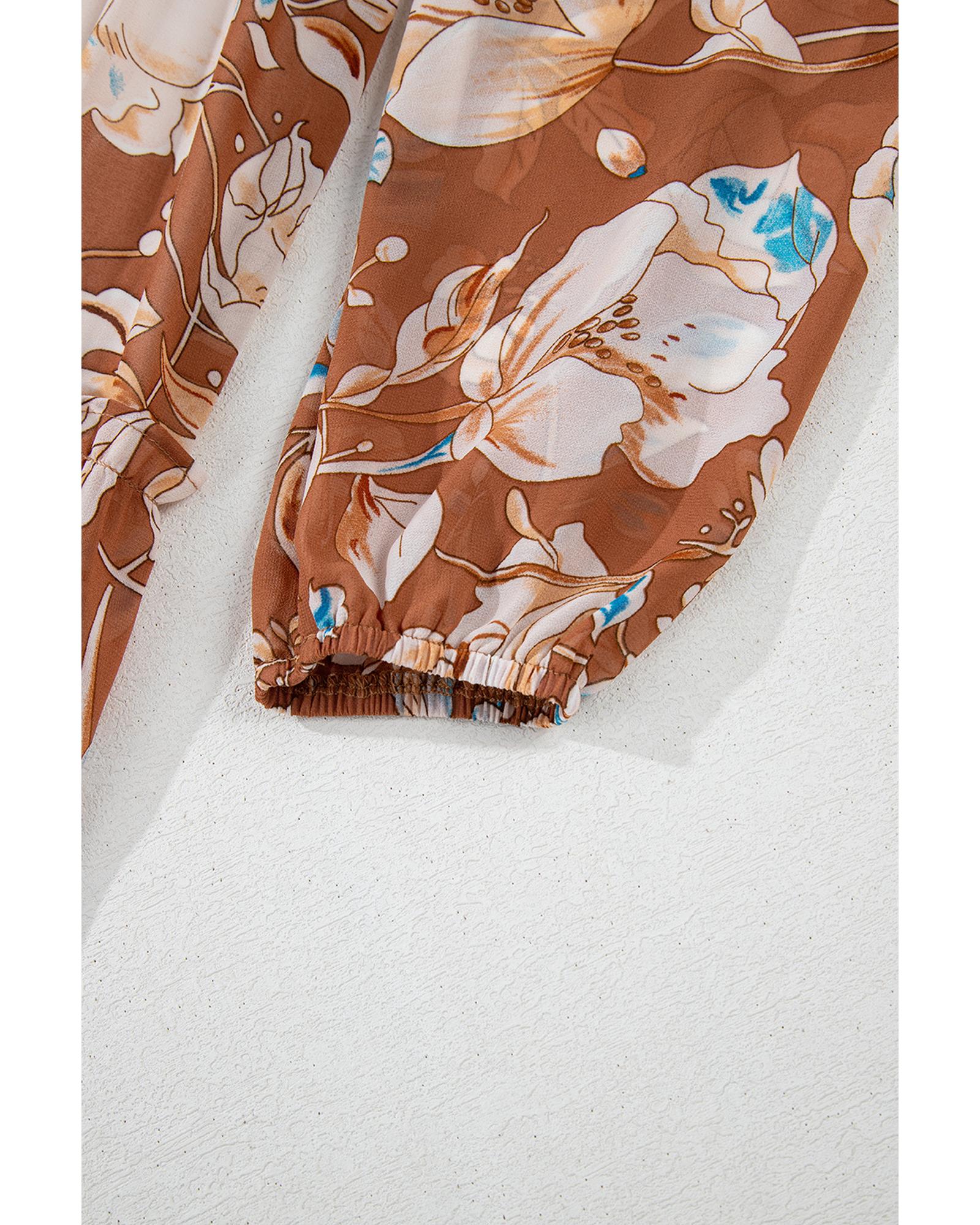 V539-AZEXDC6122501-P1720-L-202508311255-00 Brown Floral Print Shirred Square Neck High Waist Maxi Dress - L - Image 1