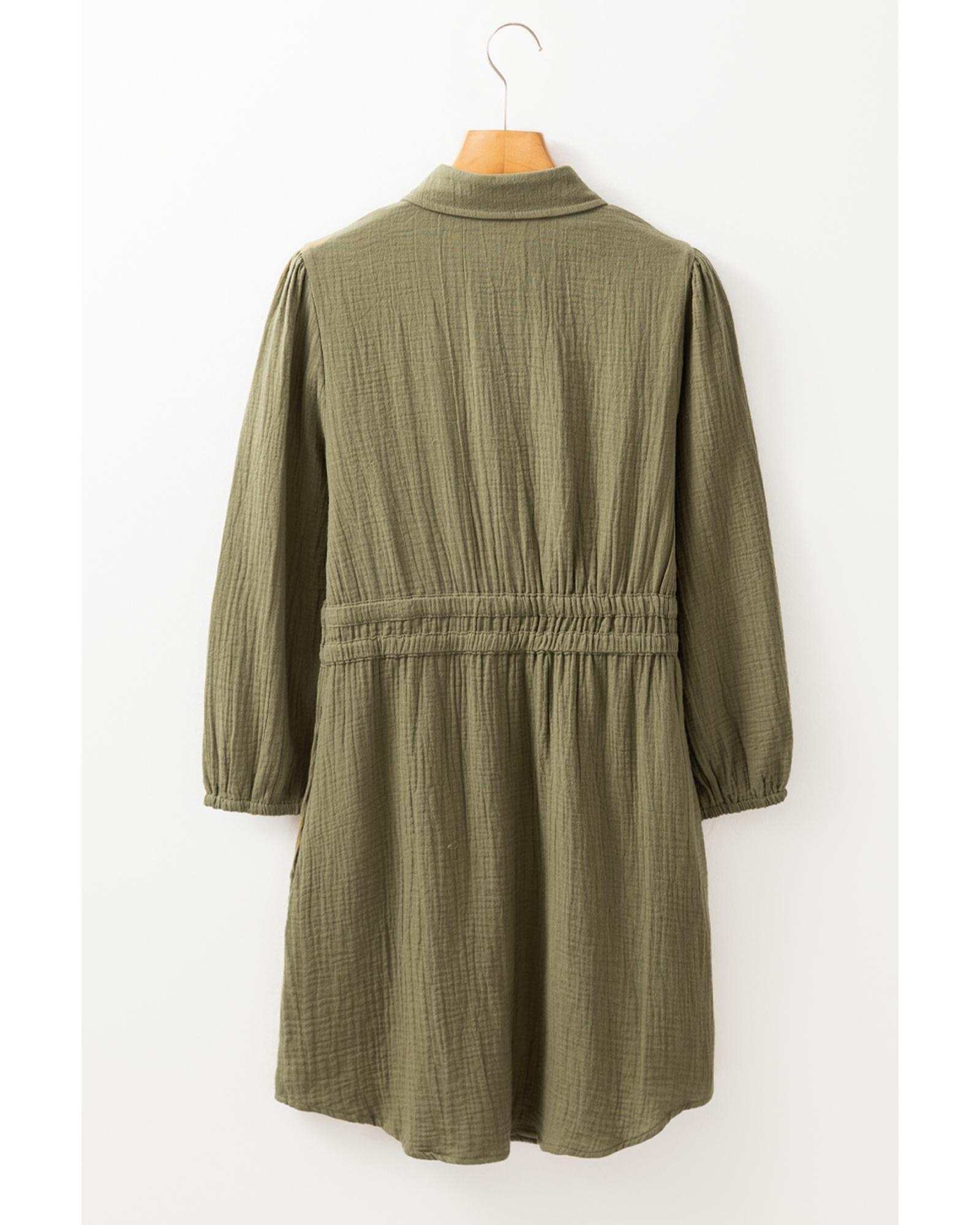 V539-AZEXDC6122514-P609-L-202508310415-00 Jungle Green Textured Bracelet Sleeve Collared Button Up Dual Tied Mini Dress - L - Image 1