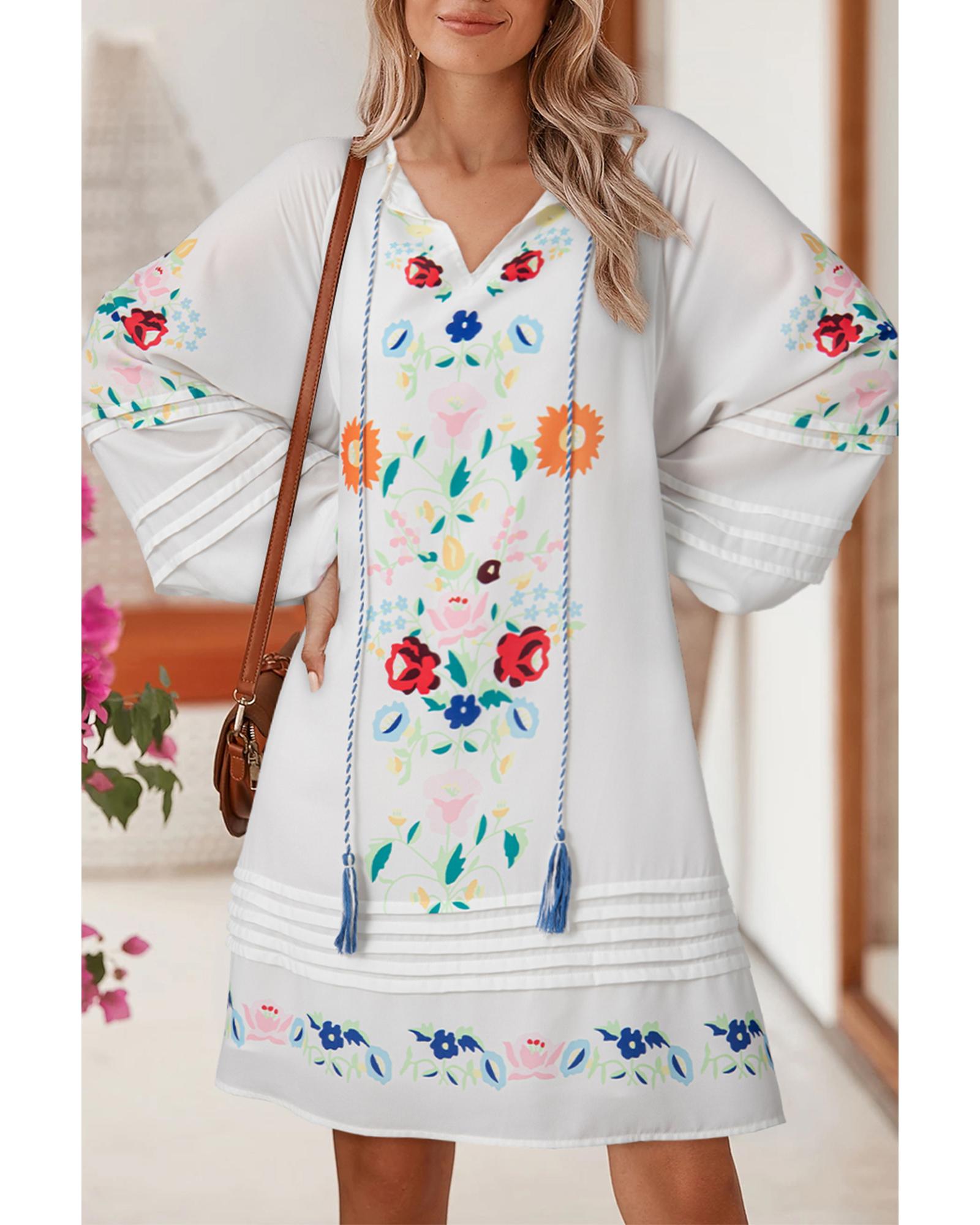 V539-AZEXDC6122517-P1-XL-202508310905-00 White Floral Print Boho Tassel Tie Split Neck Tucking Detail Puff Sleeve Mini Dress - XL - Image 1