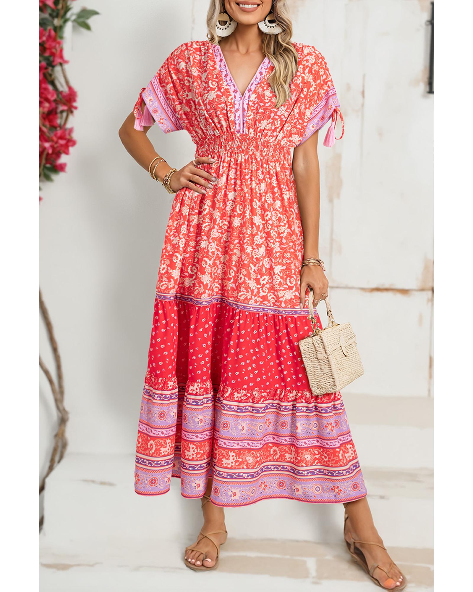 V539-AZEXDC6122527-P10320-M-202508311015-00 Red Floral Print Tasseled Tied Sleeve Empire Waist Maxi Dress - M - Image 1
