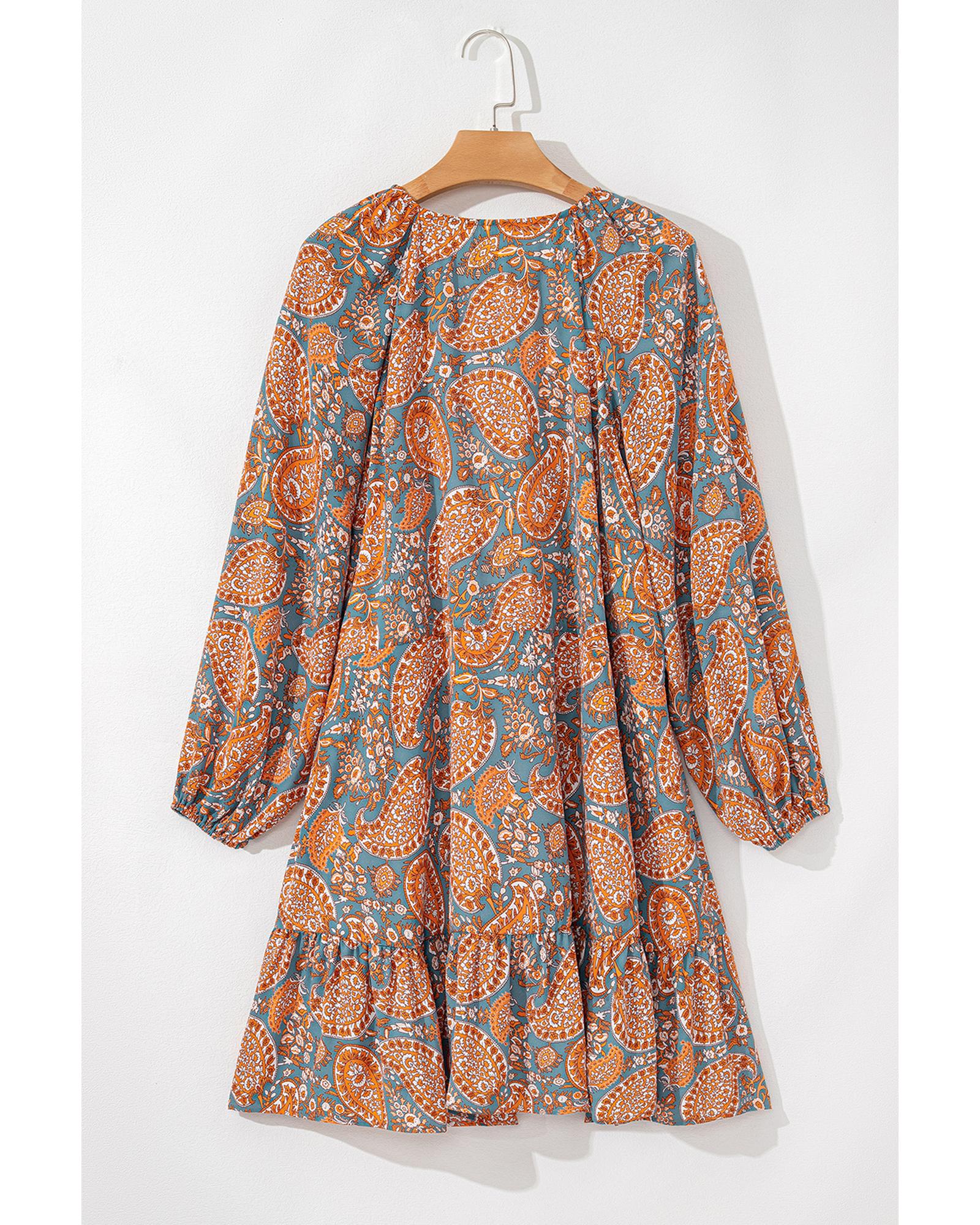 V539-AZEXDC6122555-P1420-S-202506190146-00 Orange Paisley Print Loose Fit Drawstring High Waist Mini Dress - S - Image 1