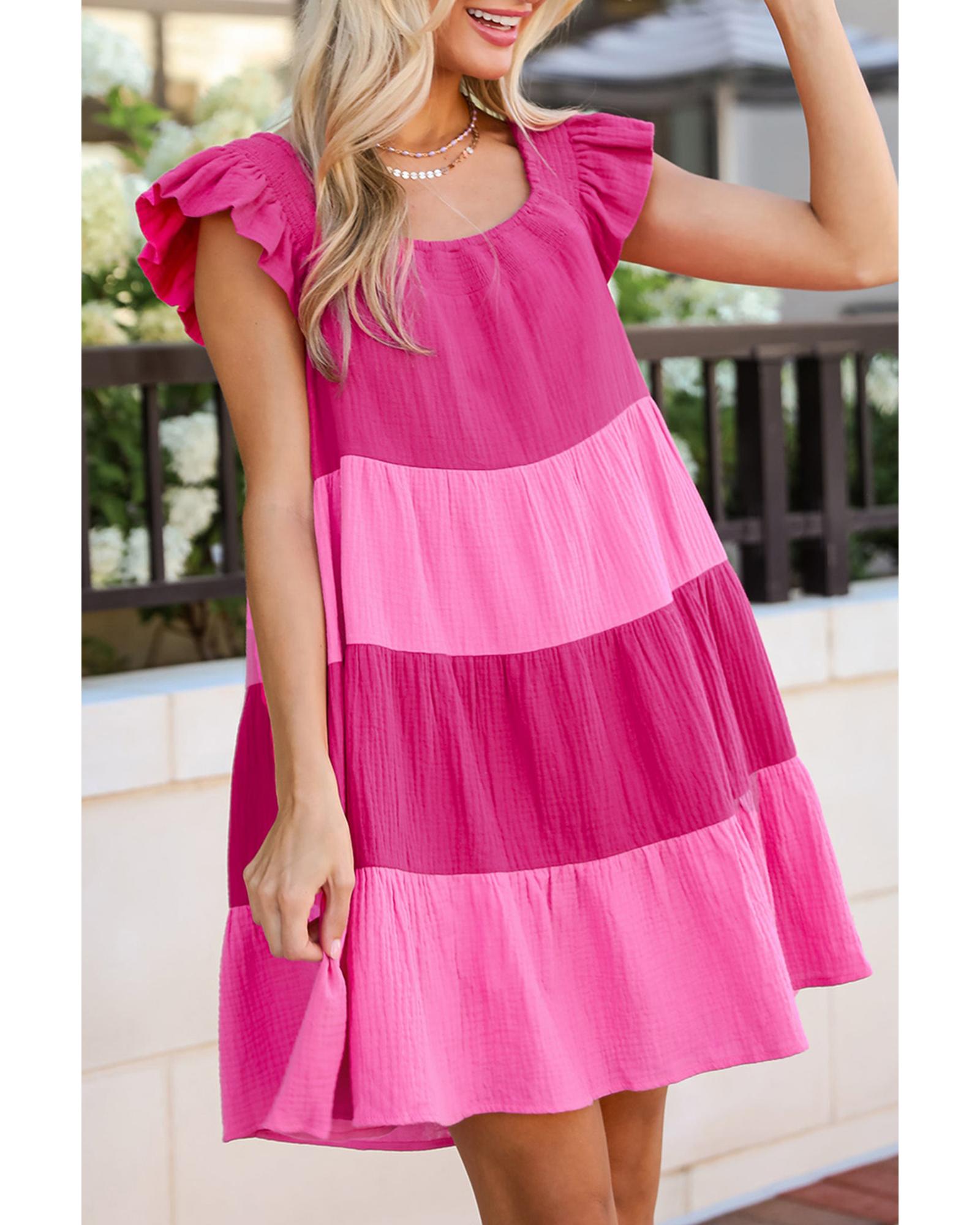 V539-AZEXDC6122559-P1020-S-202506190152-00 Pink Crinkled Colorblock Patchwork Flutter Tiered Mini Dress - S - Image 1