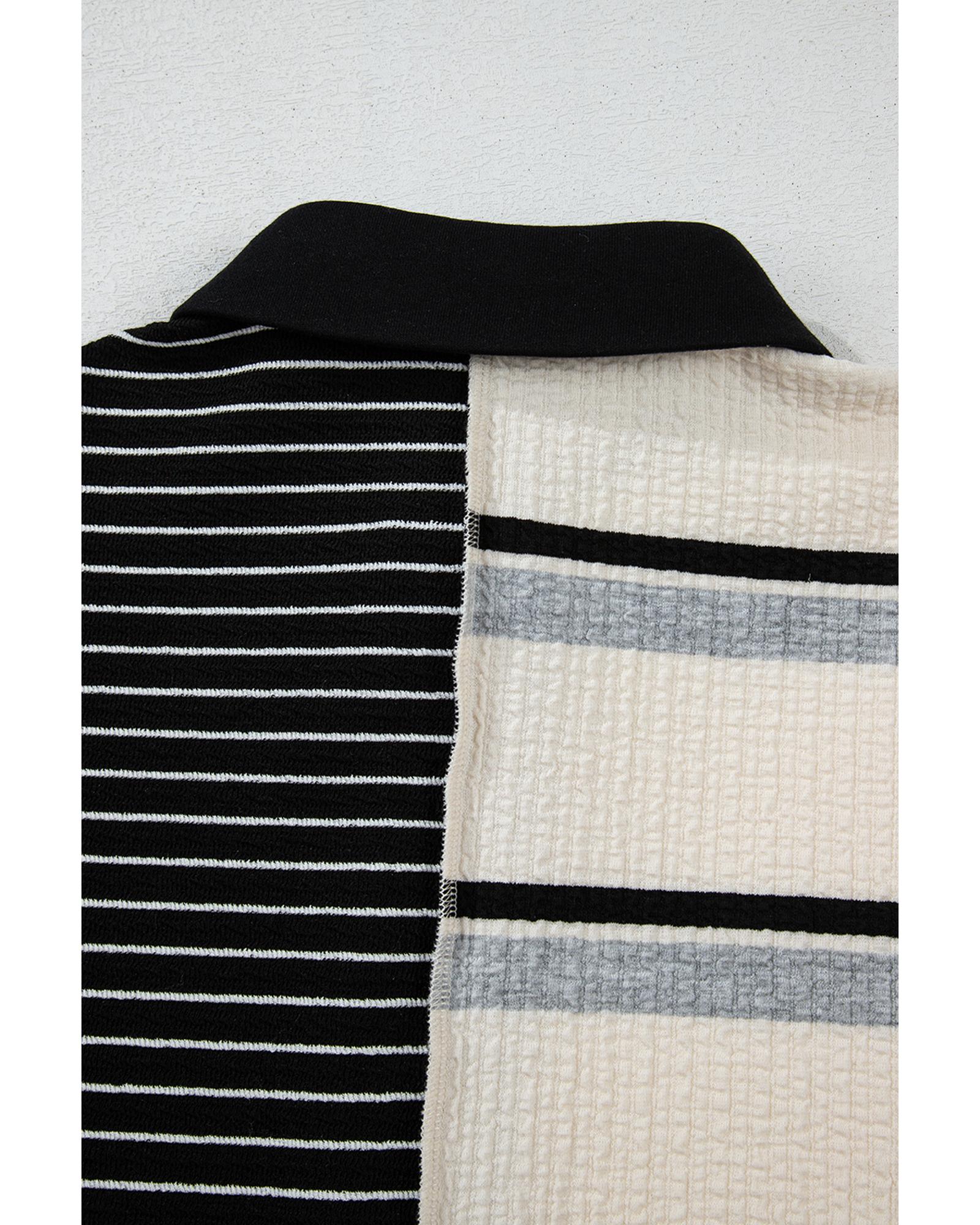 V539-AZEXDC6122577-P219-S-202506190217-00 Black Stripe Colorblock Knit Henley Collar Shift Long Sleeve Mini Dress - S - Image 1