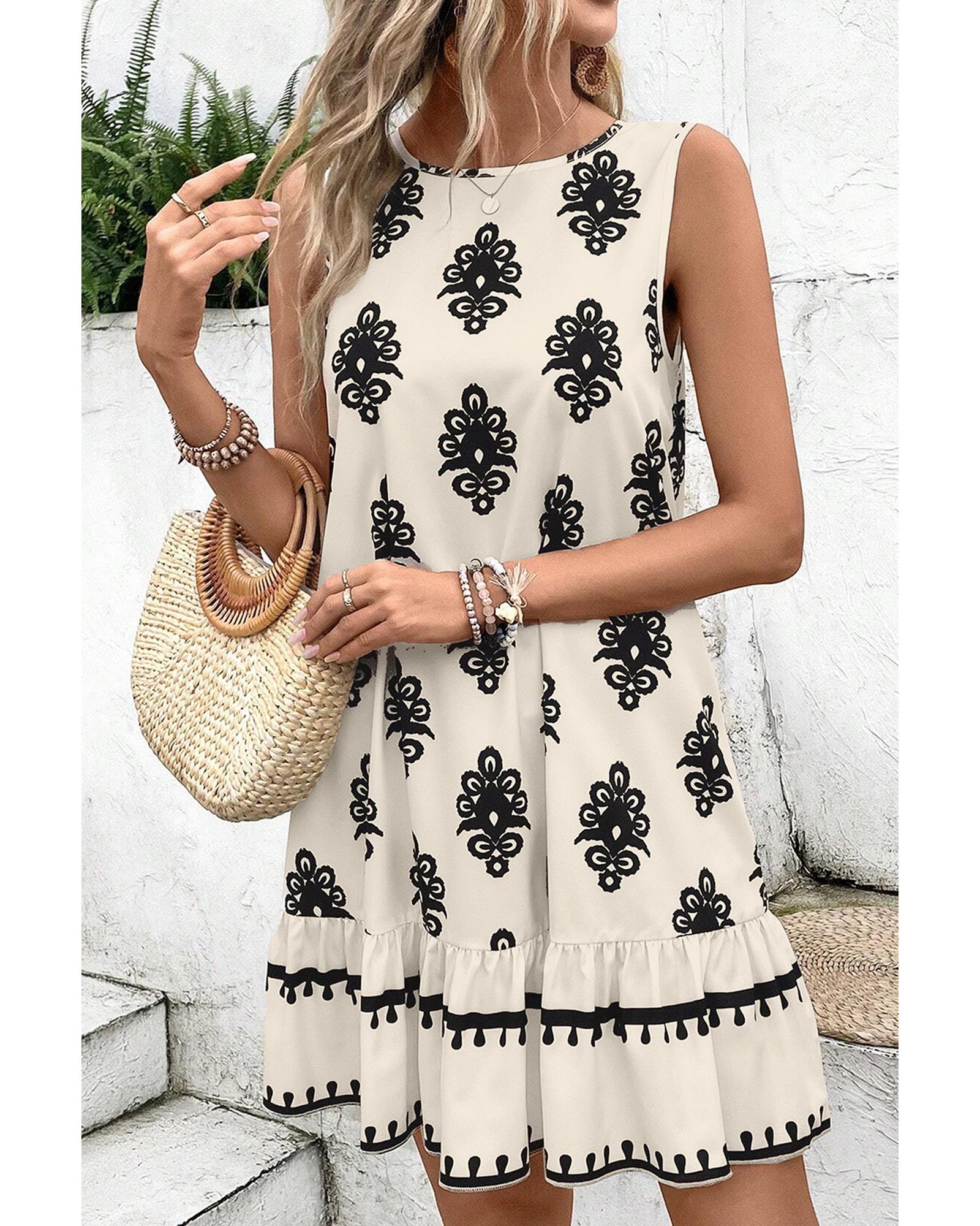 V539-AZEXDC6122617-P1520-XL-202506190221-00 Beige Geometric Printed Sleeveless Hollowed Bowknot Back Mini Dress - XL - Image 1
