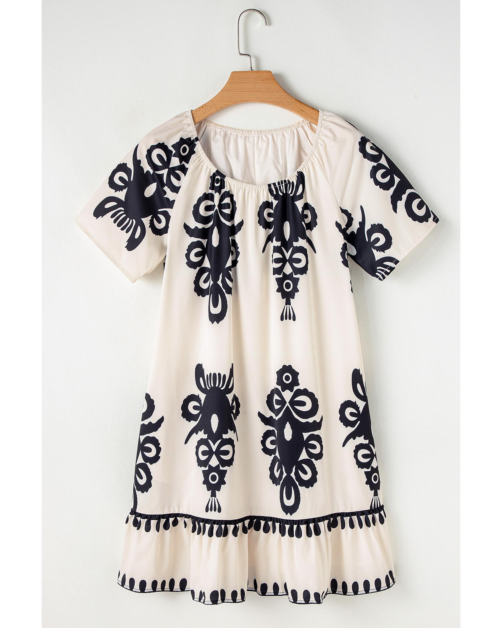 V539-AZEXDC6122620-P1820-L-202508311020-00 Apricot Western Print Ruffled Short Sleeve Loose Dress - L - Image 1