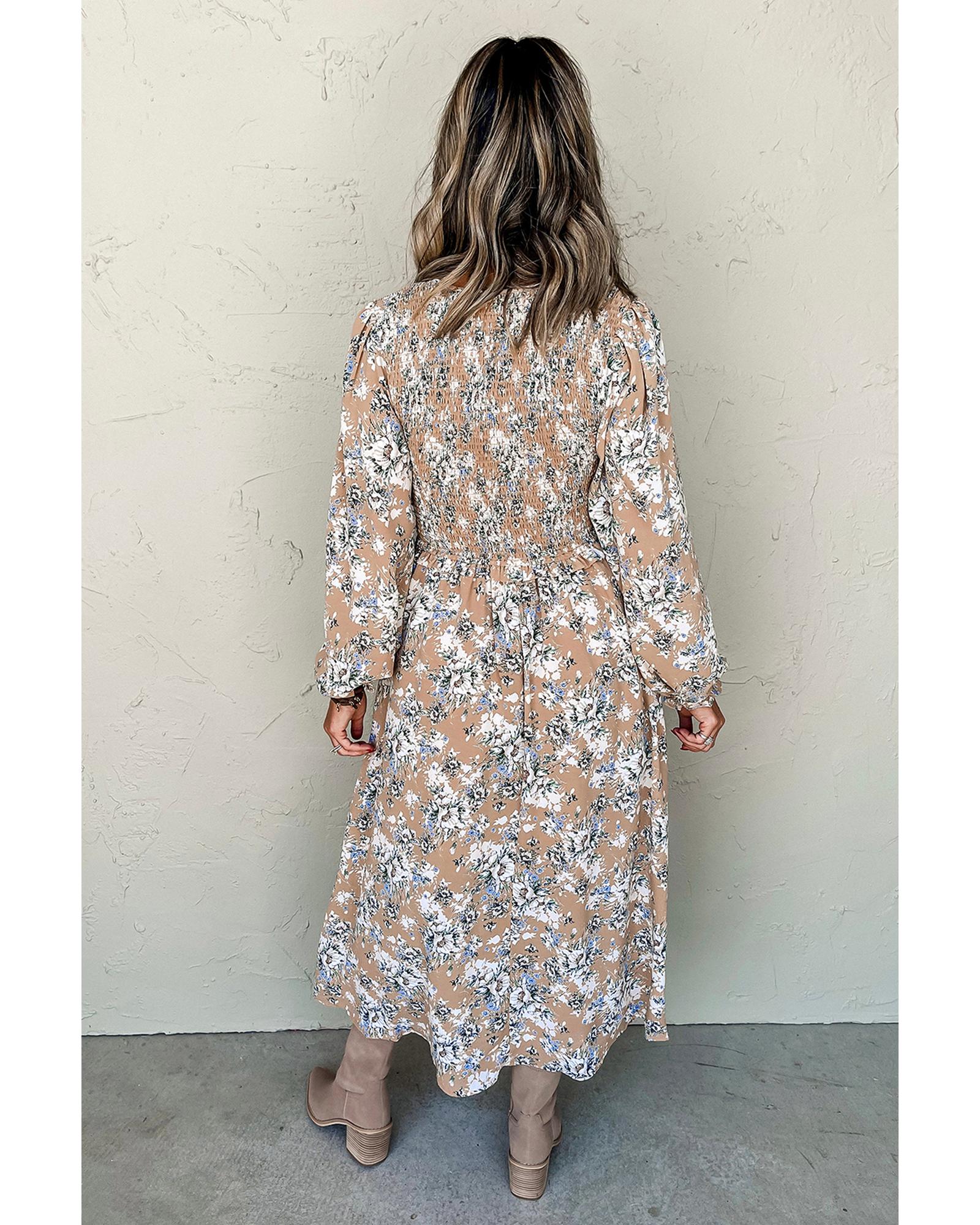 V539-AZEXDC6122652-P1620-S-202506190232-00 Khaki Maple Grove Floral Smocked Puff Sleeve Long Dress - S - Image 1