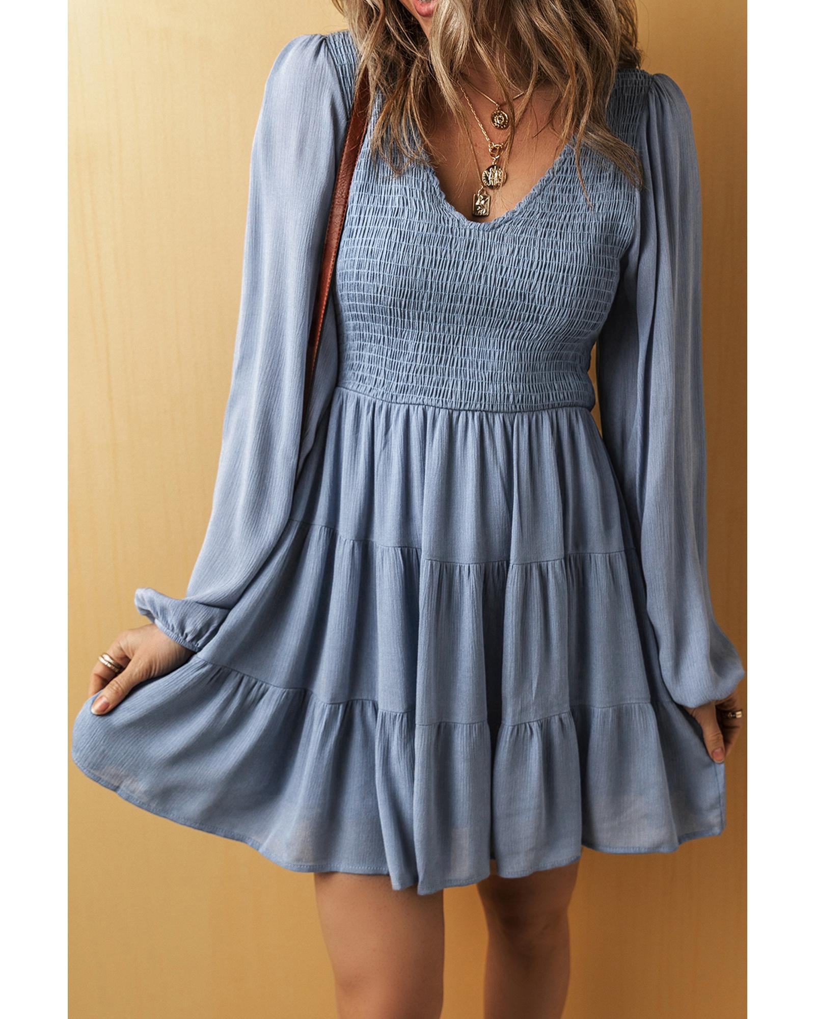 V539-AZEXDC6122663-P604-S-202508310910-00 Ashleigh Blue Long Sleeve V Neck Smocked Tiered Mini Dress - S - Image 1