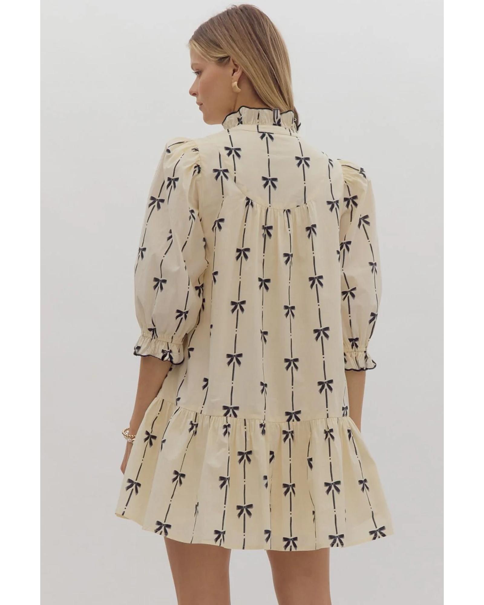 V539-AZEXDC6122693-P1520-M-202508310330-00 Beige Cute Bowknot Printed Bubble Sleeve V Neck Mini Dress - M - Image 1
