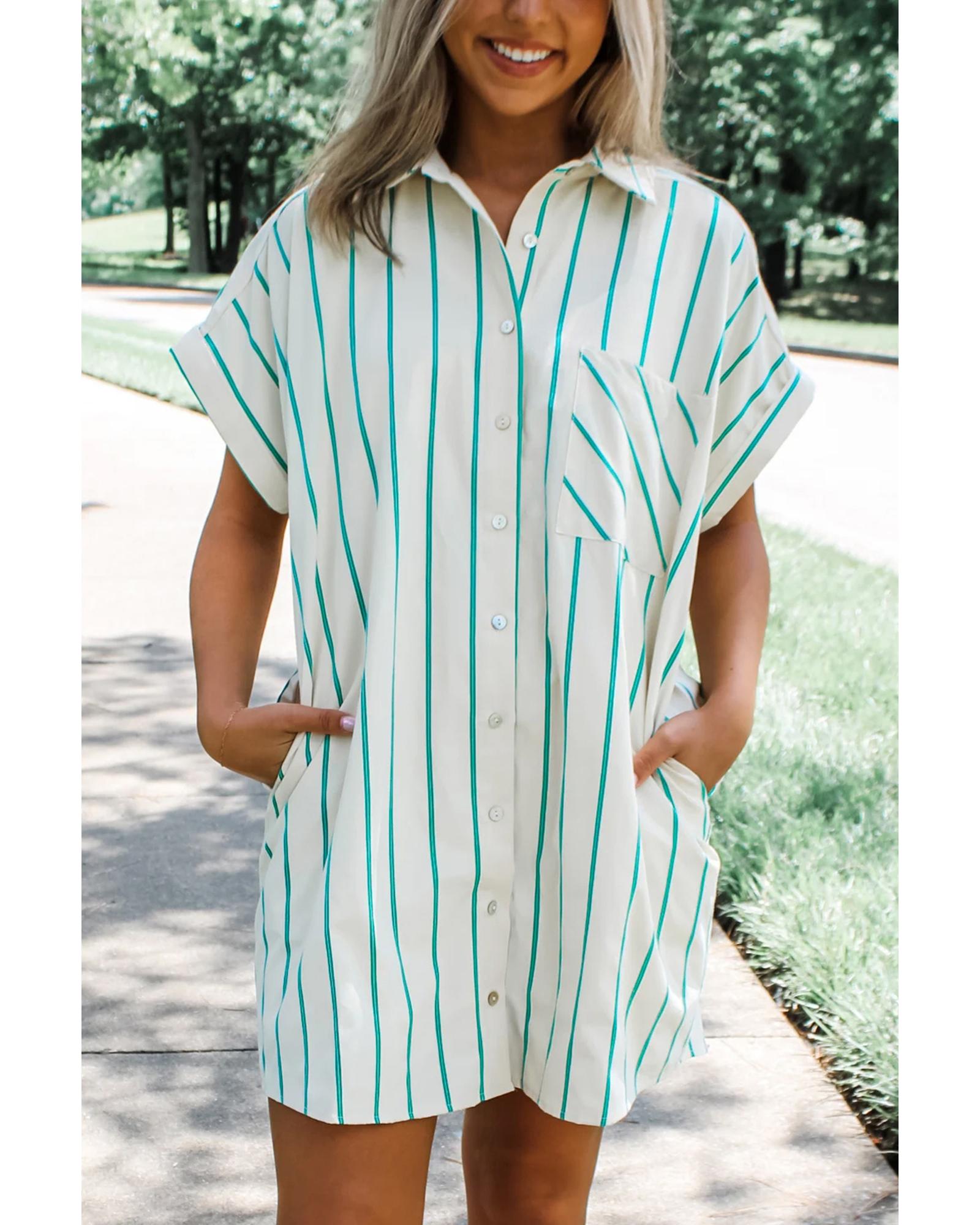 V539-AZEXDC6122697-P1009-L-202508310615-00 Mint Green St Patricks Striped Wide Short Sleeve Shift Mini Shirt Dress - L - Image 1