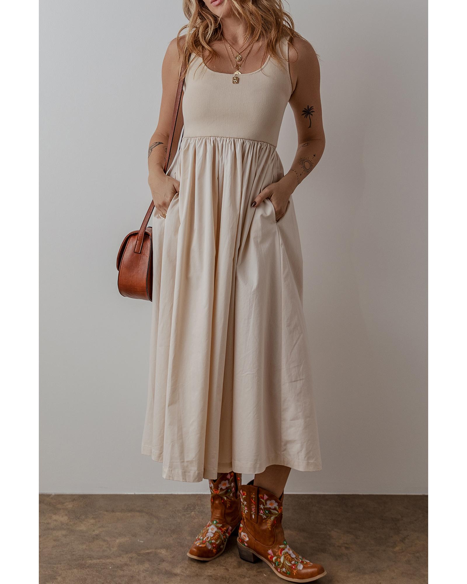 V539-AZEXDC6122714-P15-S-202506190311-00 Beige Scoop Neck Ribbed Bodice Pleated Sleeveless Long Dress - S - Image 1