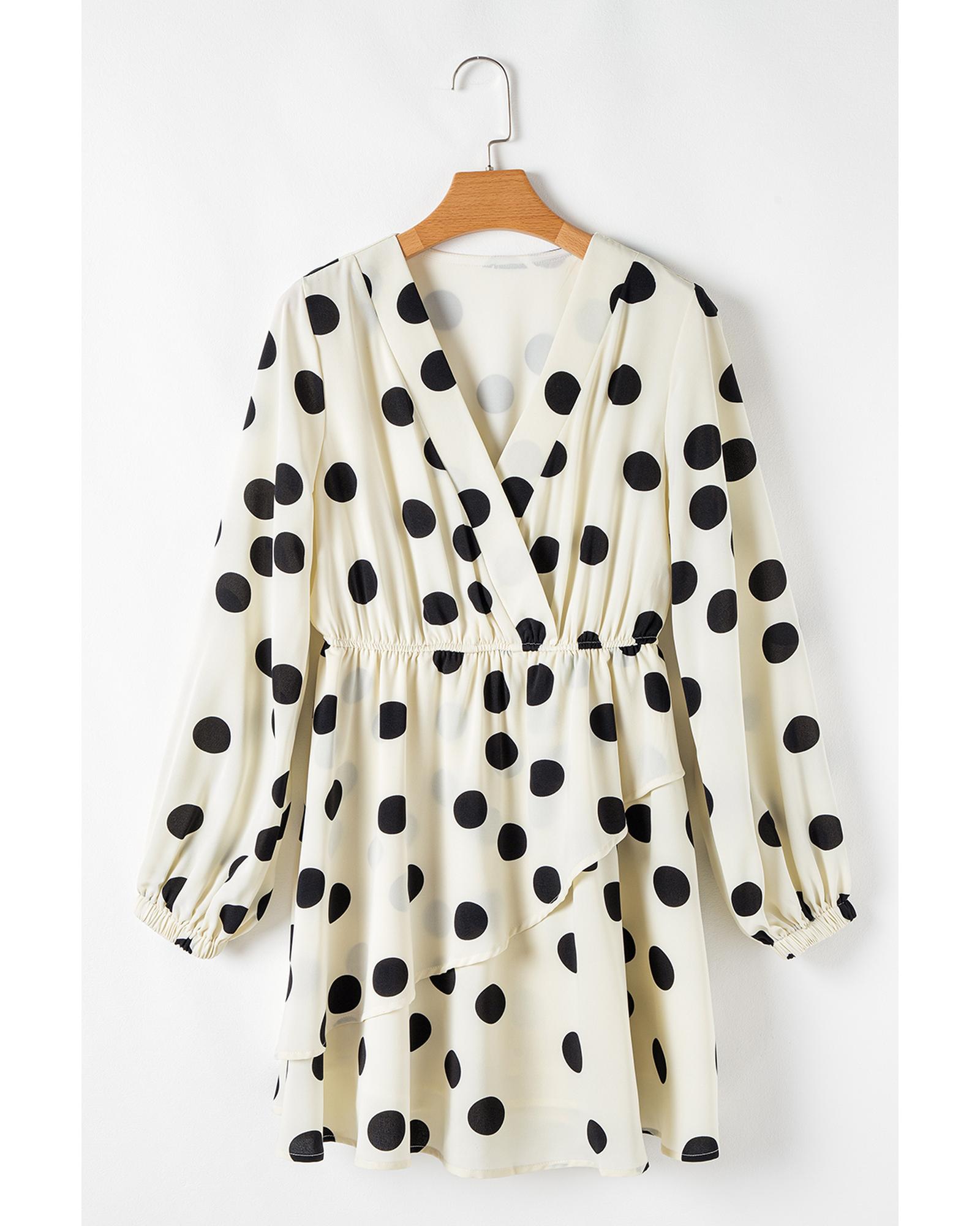 V539-AZEXDC6122746-P15-M-202508311600-00 Beige Polka Dot Printed Surplice V Neck Puff Sleeve Mini Dress - M - Image 1