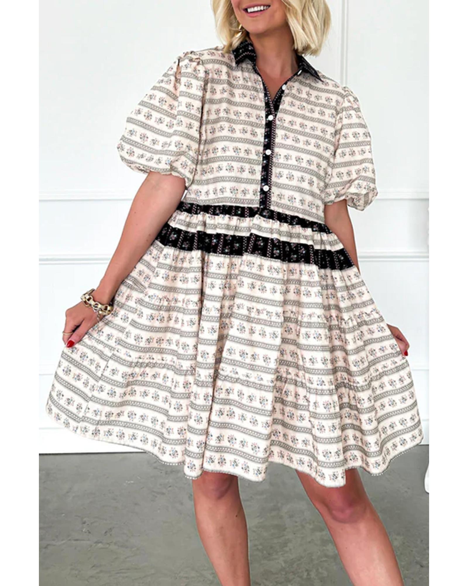 V539-AZEXDC6122812-P220-L-202508311505-00 Black Boho Floral Striped Contrast Trim Bubble Sleeve Flared Dress - L - Image 1
