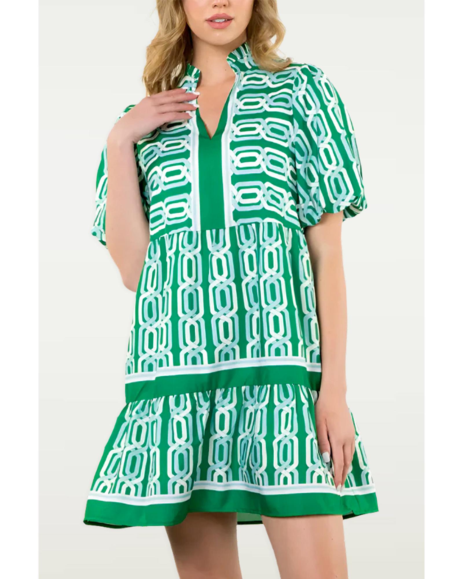 Bright Green Abstract Patterned V Neck Puff Short Sleeve Mini Dress - L