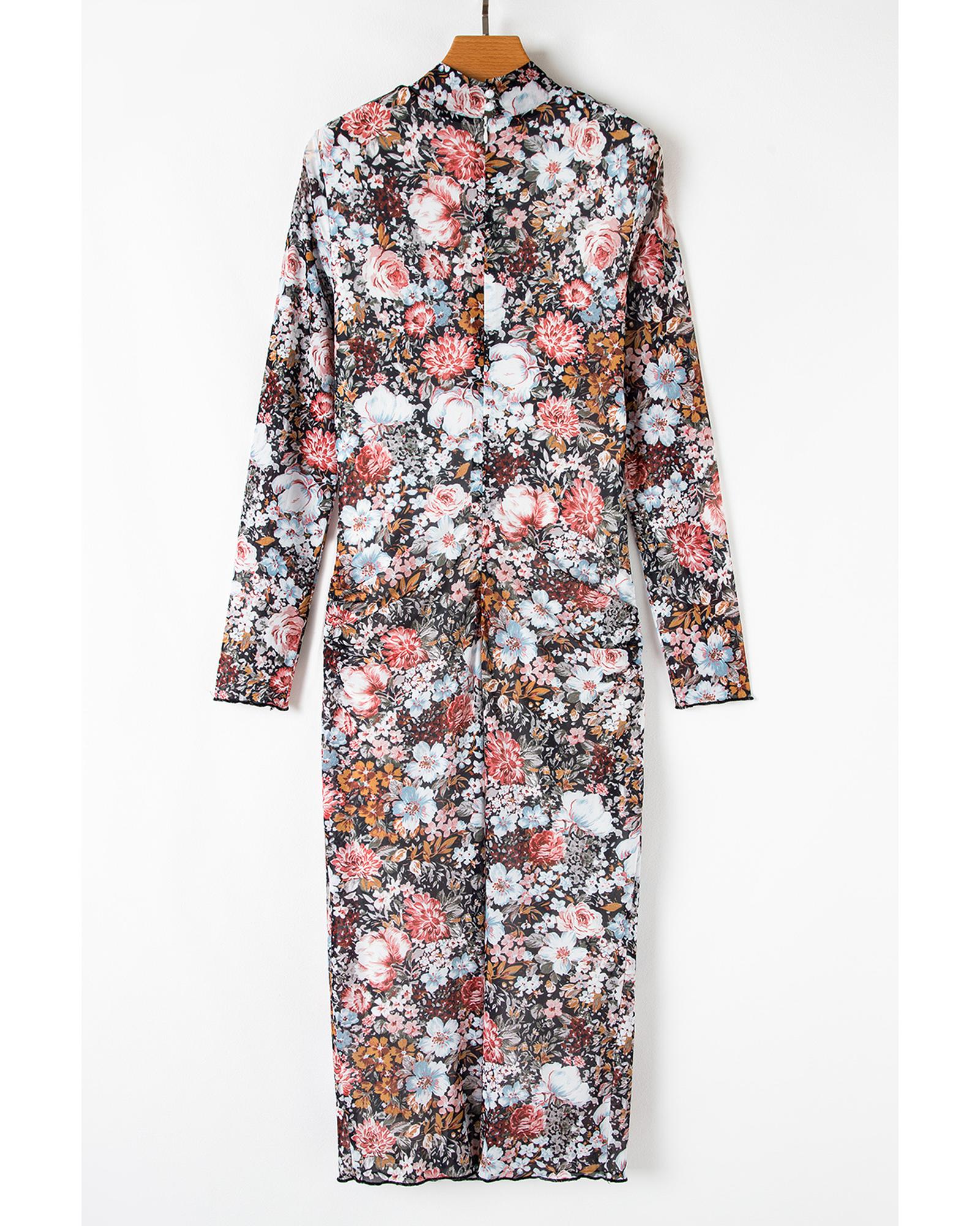 V539-AZEXDC6122877-P1720-M-202506141742-00 Brown Floral Allover Print Mock Neck Bodycon Long Sleeve Midi Dress - M - Image 1