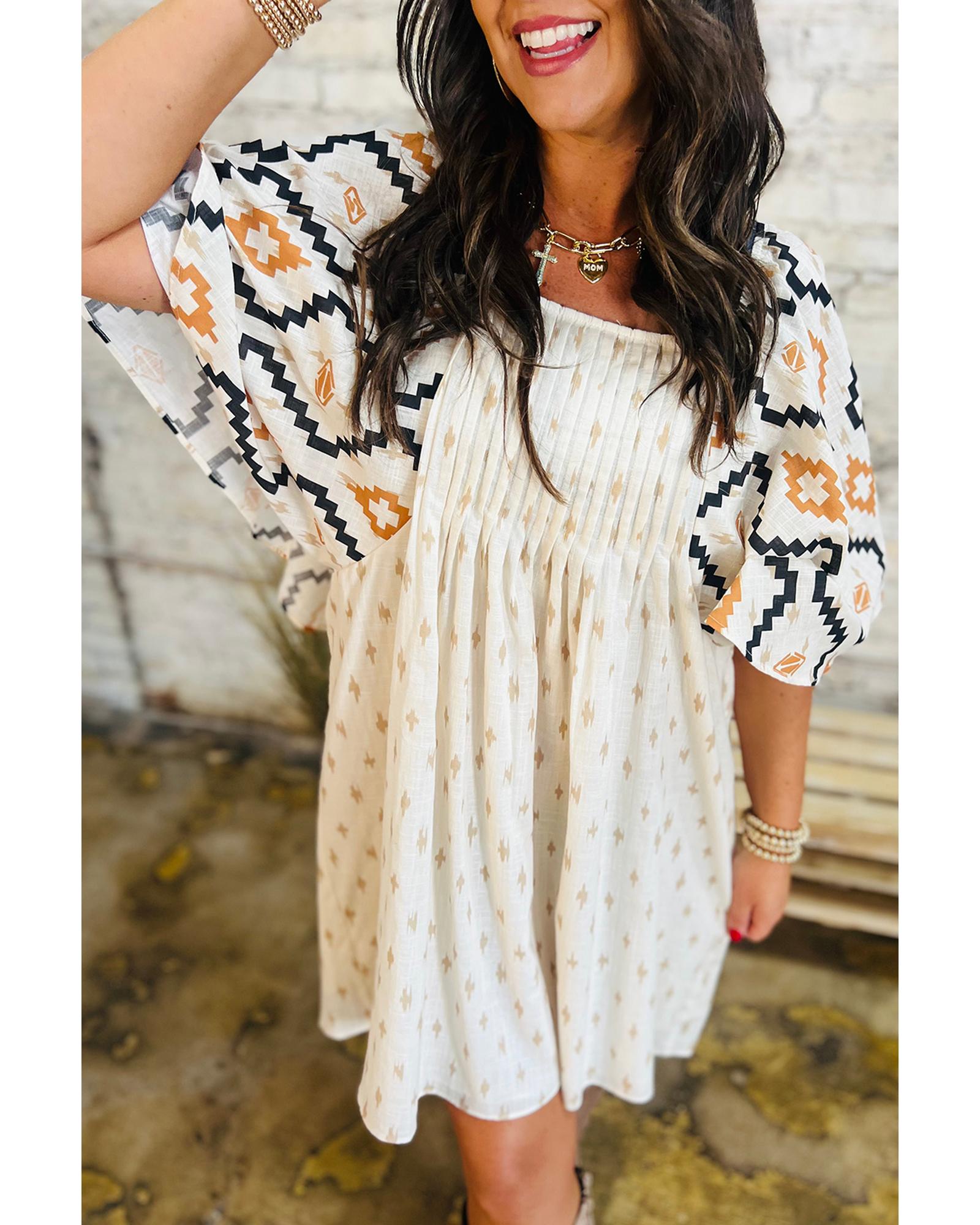 V539-AZEXDC6122882-P1520-L-202508290155-00 Beige Western Aztec Print Pleated Square Neck Loose Mini Dress - L - Image 1