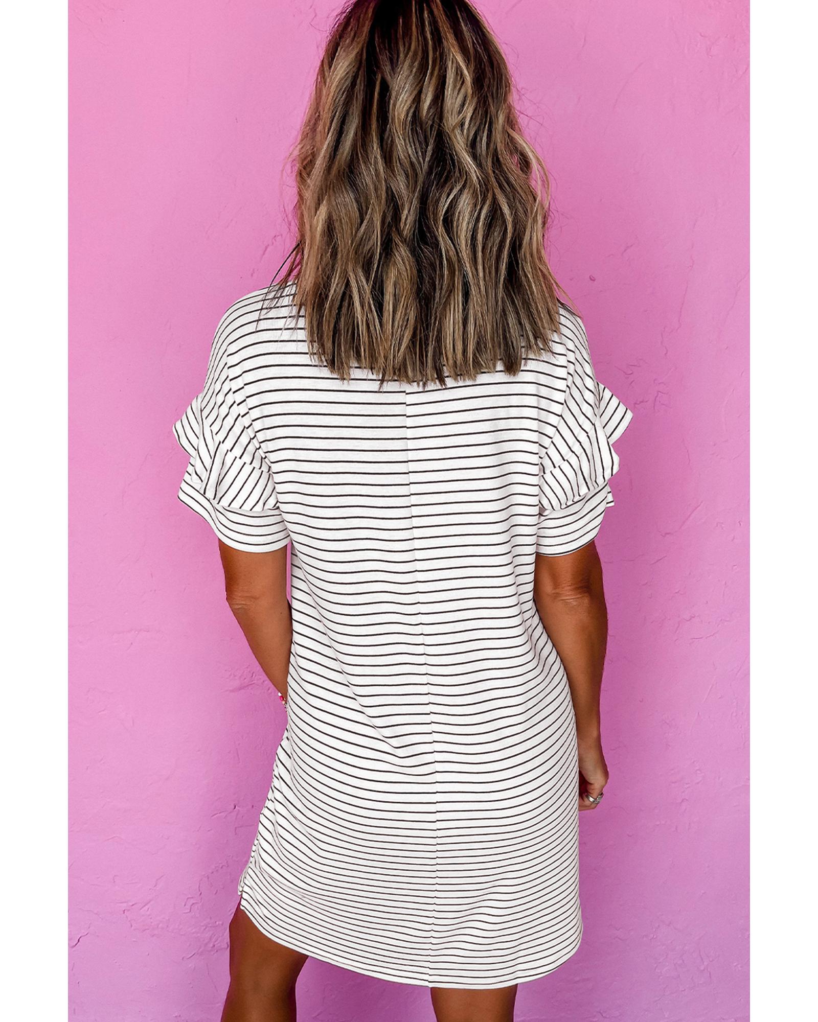 V539-AZEXDC6122971-P119-L-202506141827-00 White Stripe Ruffled Short Sleeve Crew Neck T Shirt Shift Mini Dress - L - Image 1