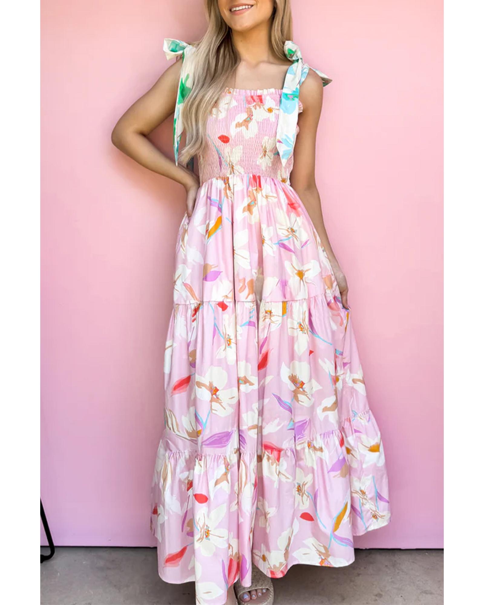 V539-AZEXDC6123015-P1020-L-202508301620-00 Pink Floral Print Knotted Shoulder Smocked Maxi Dress - L - Image 1