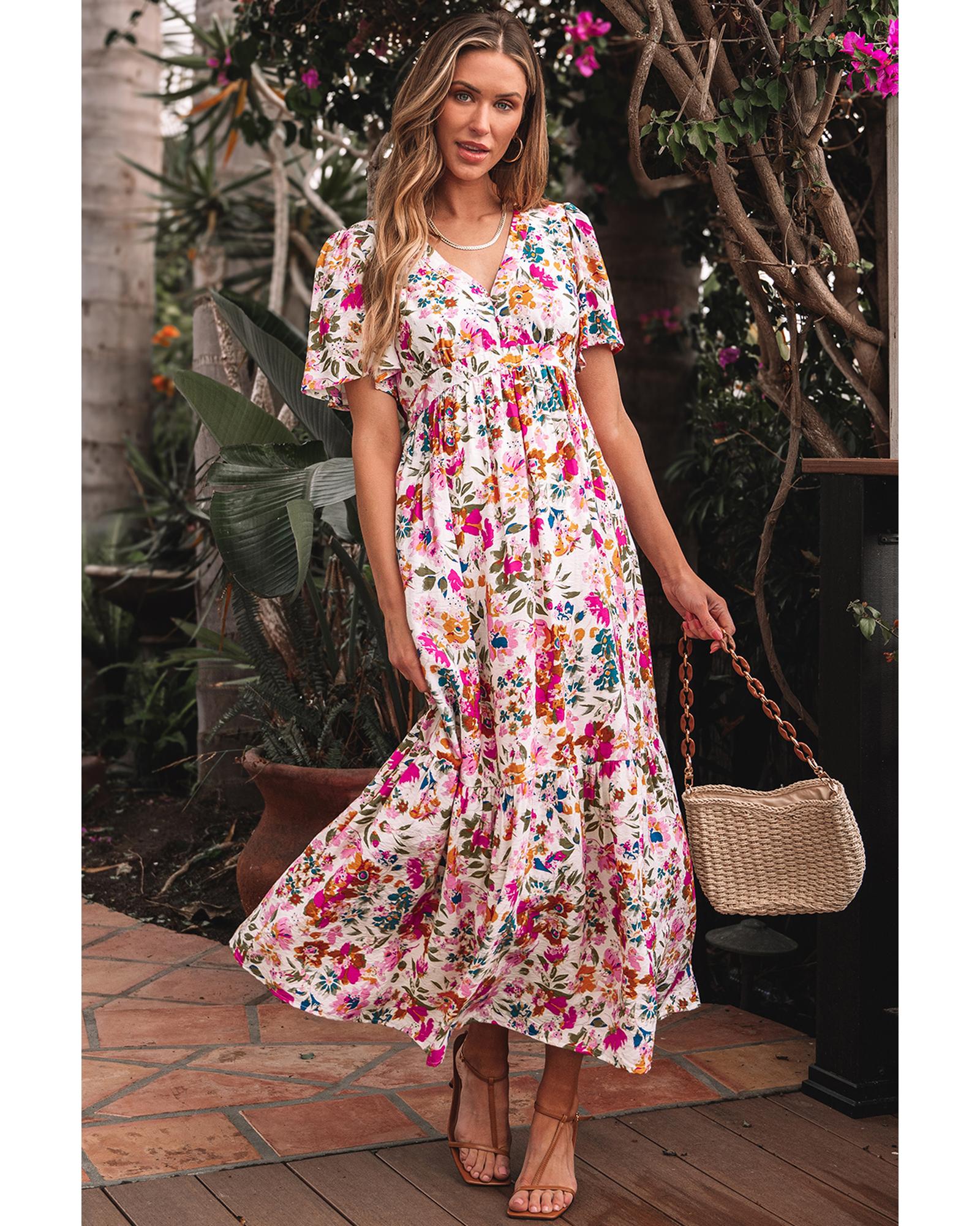 V539-AZEXDC6123022-P10320-XL-202508310130-00 Red Floral Short Sleeve V Neck High Waist Maxi Dress - XL - Image 1