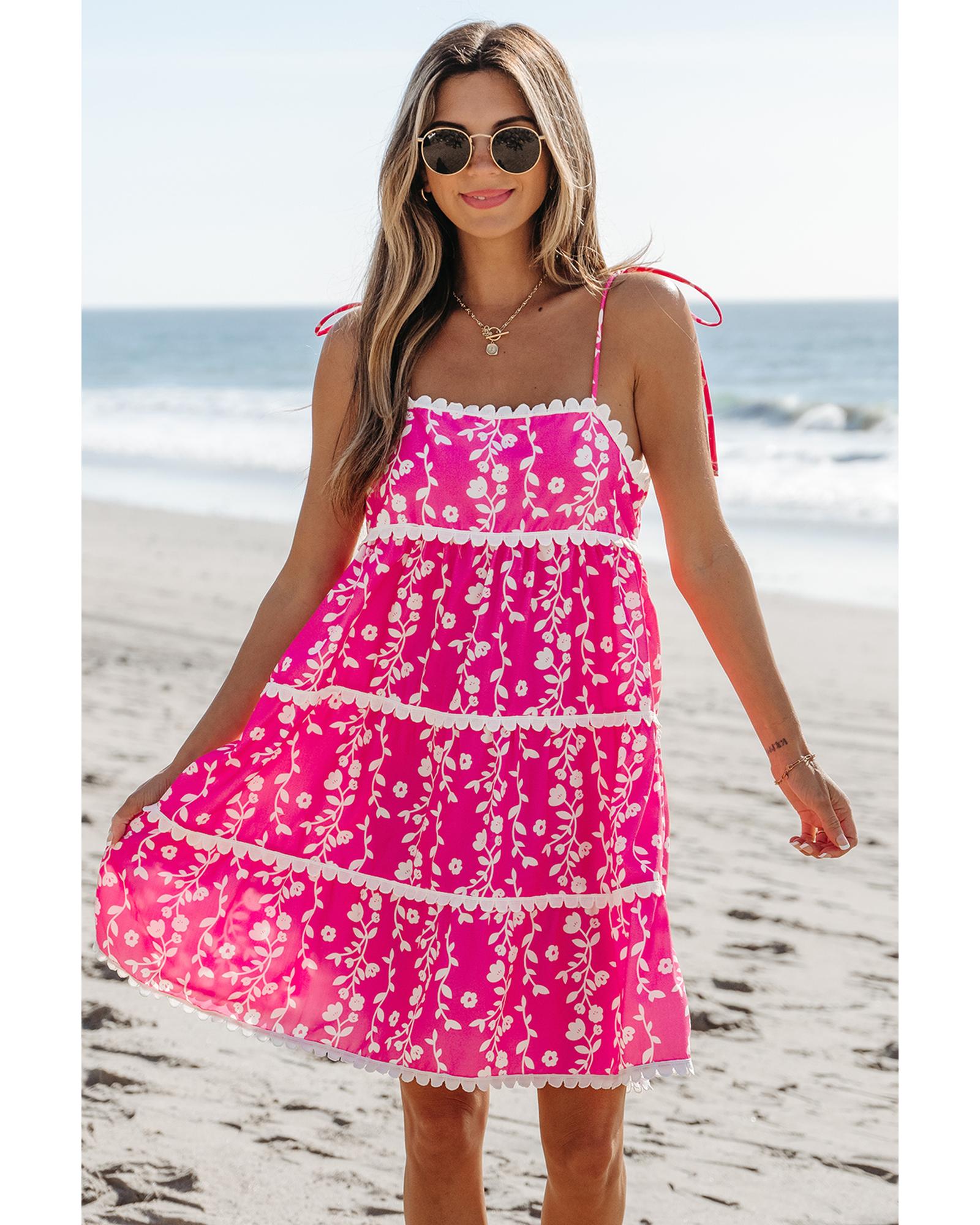 V539-AZEXDC6123030-P1020-XL-202508300935-00 Pink Floral Print Ric Rac Patched Sleeveless Mini Dress - XL - Image 1