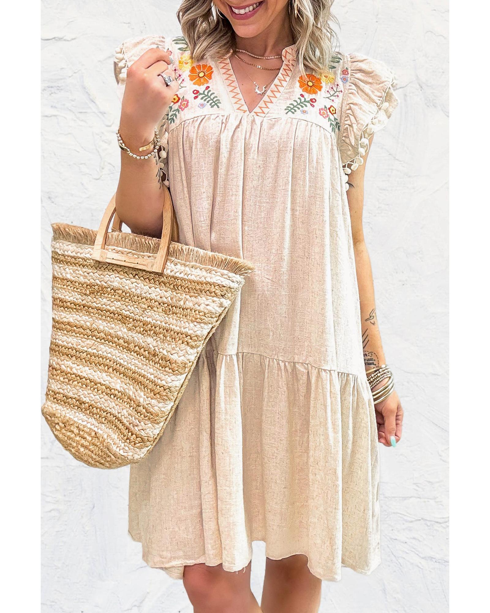 V539-AZEXDC6123040-P2015-XL-202508301440-00 Jet Stream Linen Embroidery Split Neck Pom Pom Ruffle Sleeves Flowy Short Dress - XL - Image 1