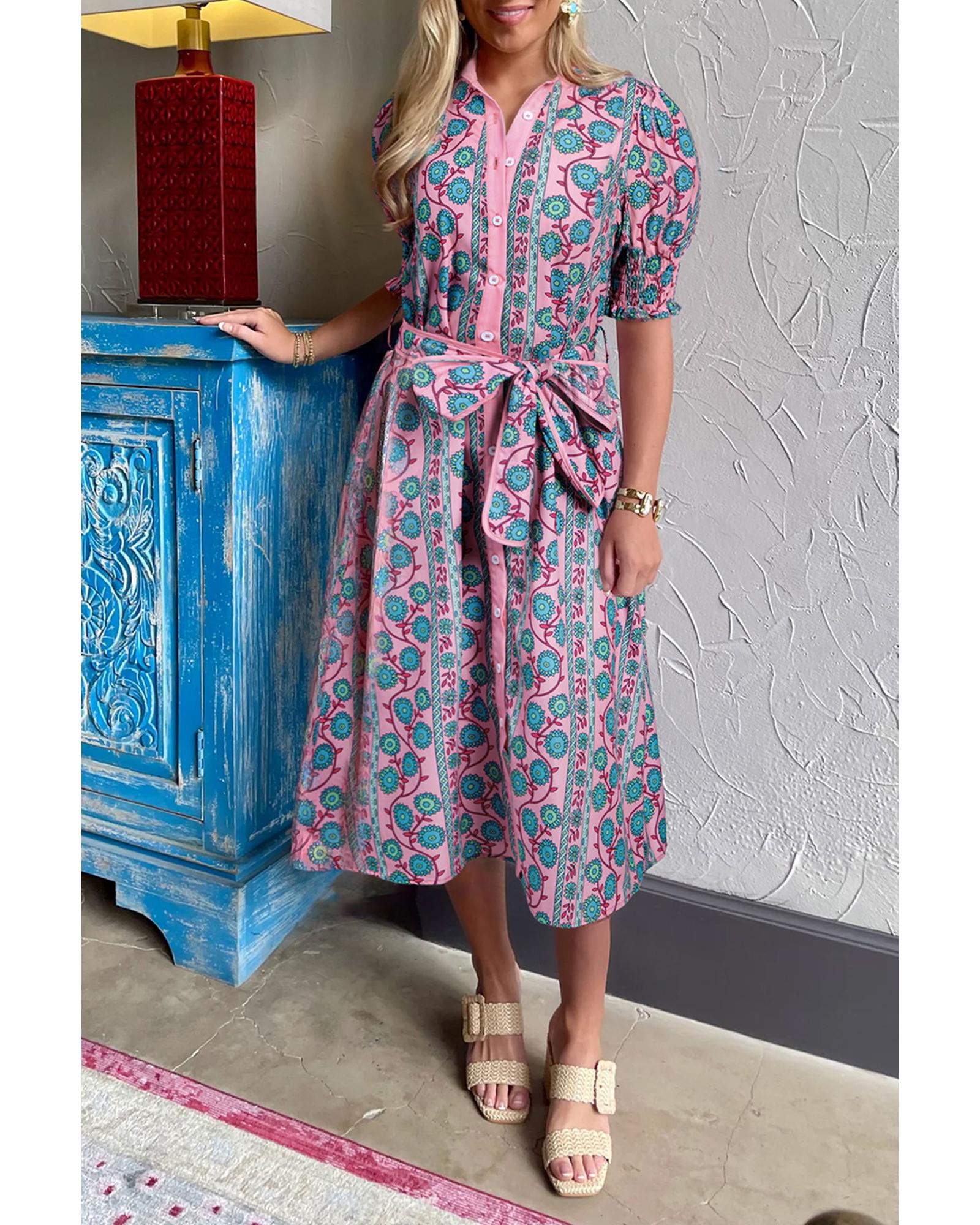 V539-AZEXDC6123061-P1020-M-202508302225-00 Pink Floral Shirred Puff Sleeve Buttoned Front Midi Dress with Sash - M - Image 1