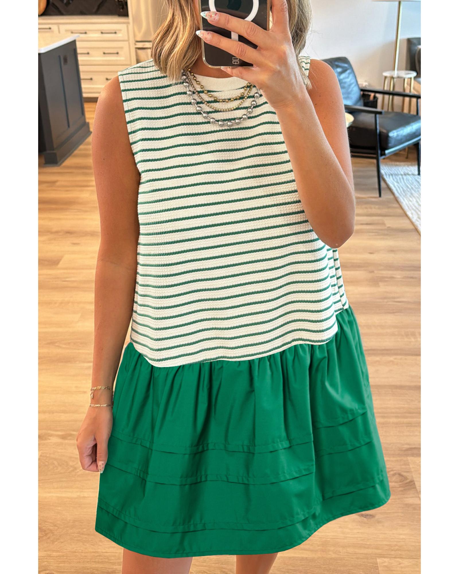 V539-AZEXDC6123090-P919-L-202506141916-00 Green Stripe Woven Ruffled Sleeveless Mini Dress - L - Image 1