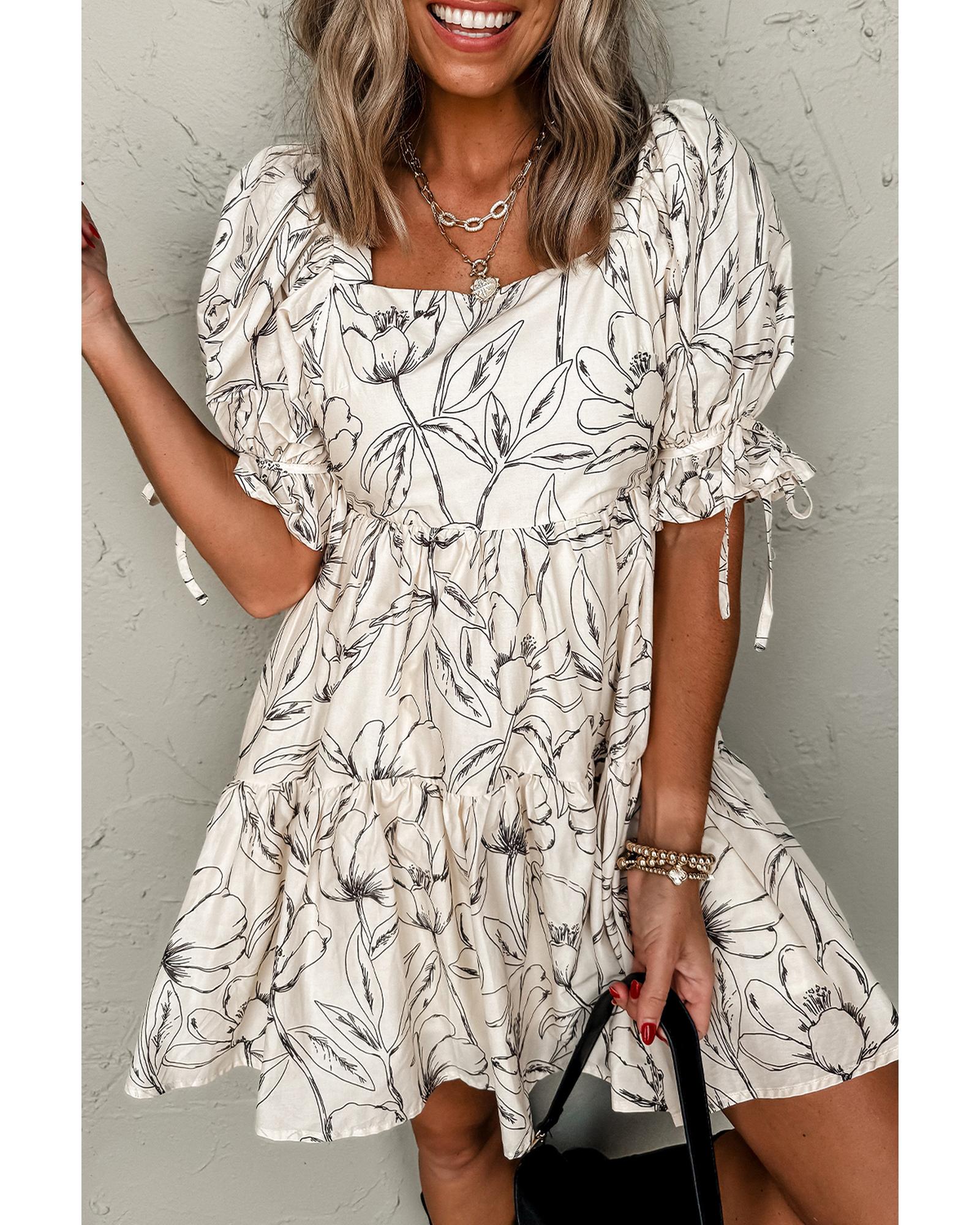 V539-AZEXDC6123097-P1520-L-202508301855-00 Beige Floral Print Square Neck Shirred Back Puff Sleeve Mini Dress - L - Image 1