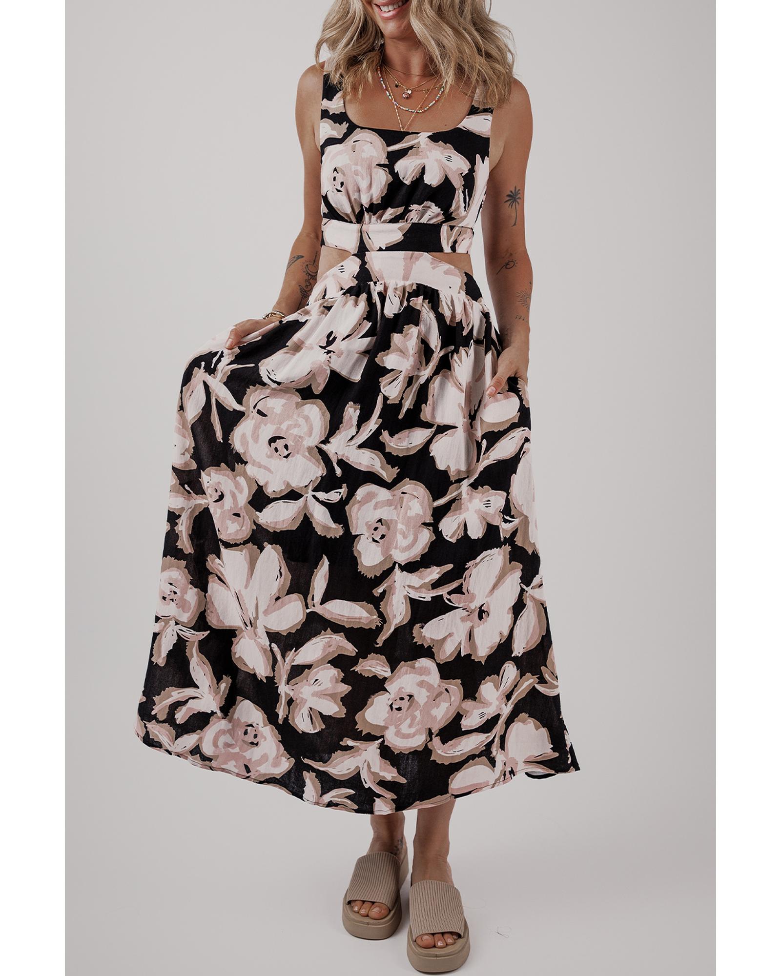 V539-AZEXDC6123180-P220-XL-202508302350-00 Black Floral Cutout Square Neck Knot Back Sleeveless Maxi Dress - XL - Image 1