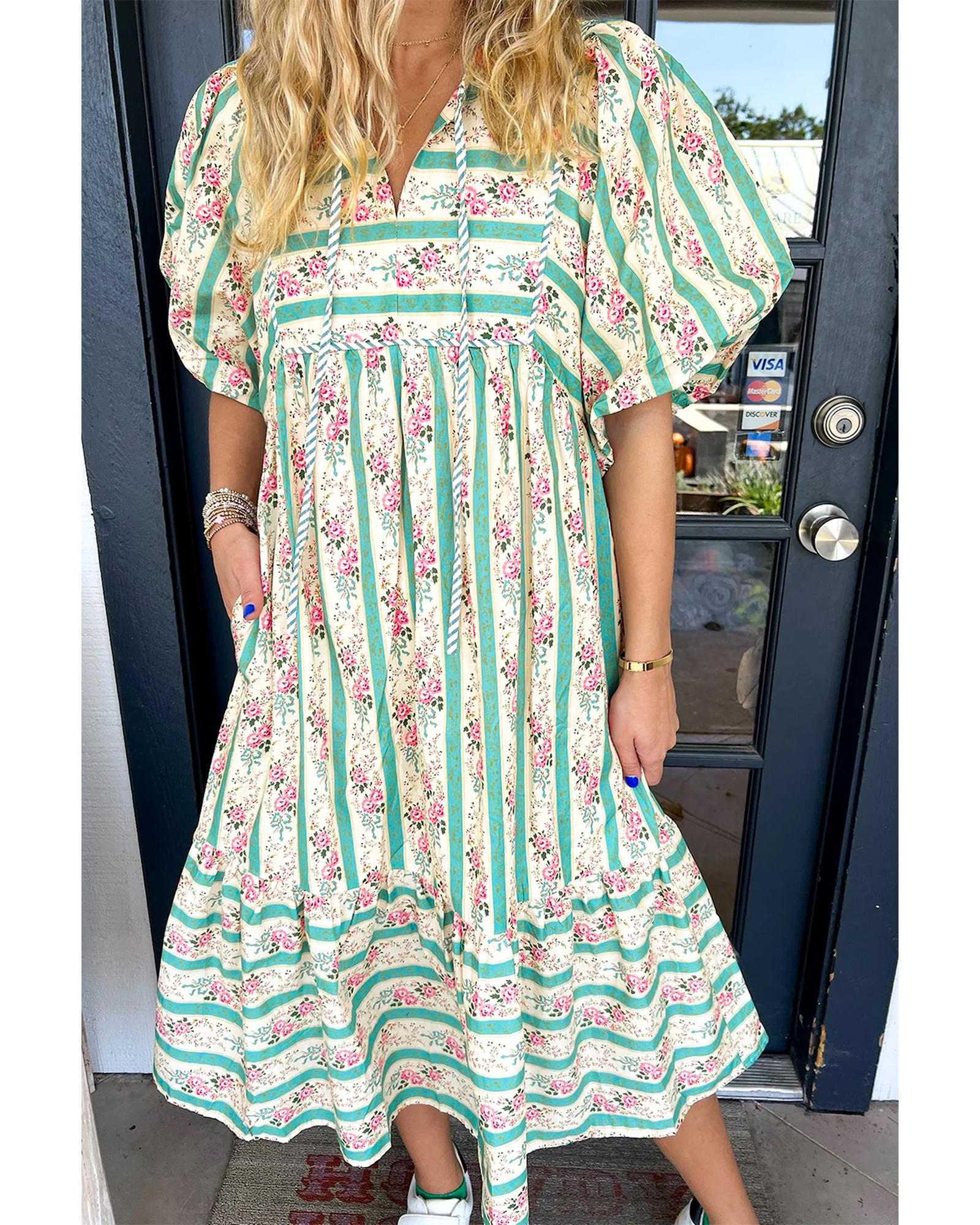 V539-AZEXDC6123186-P22-XL-202508302035-00 Multicolour Striped Floral Print Tie Split Neck Puff Sleeve Midi Dress - XL - Image 1