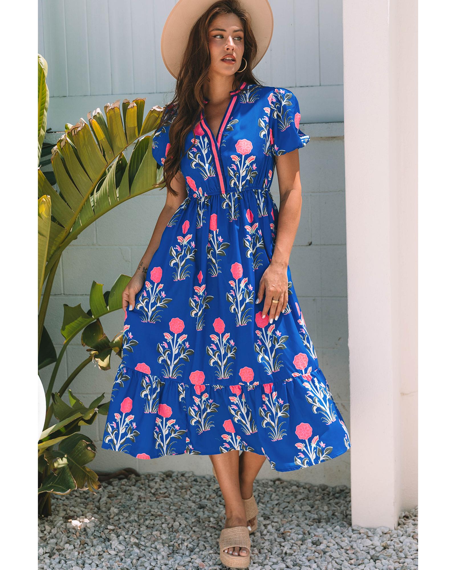 V539-AZEXDC6123188-P205-L-202508300845-00 Sky Blue Floral Puff Short Sleeve V Neck High Waist Maxi Dress - L - Image 1