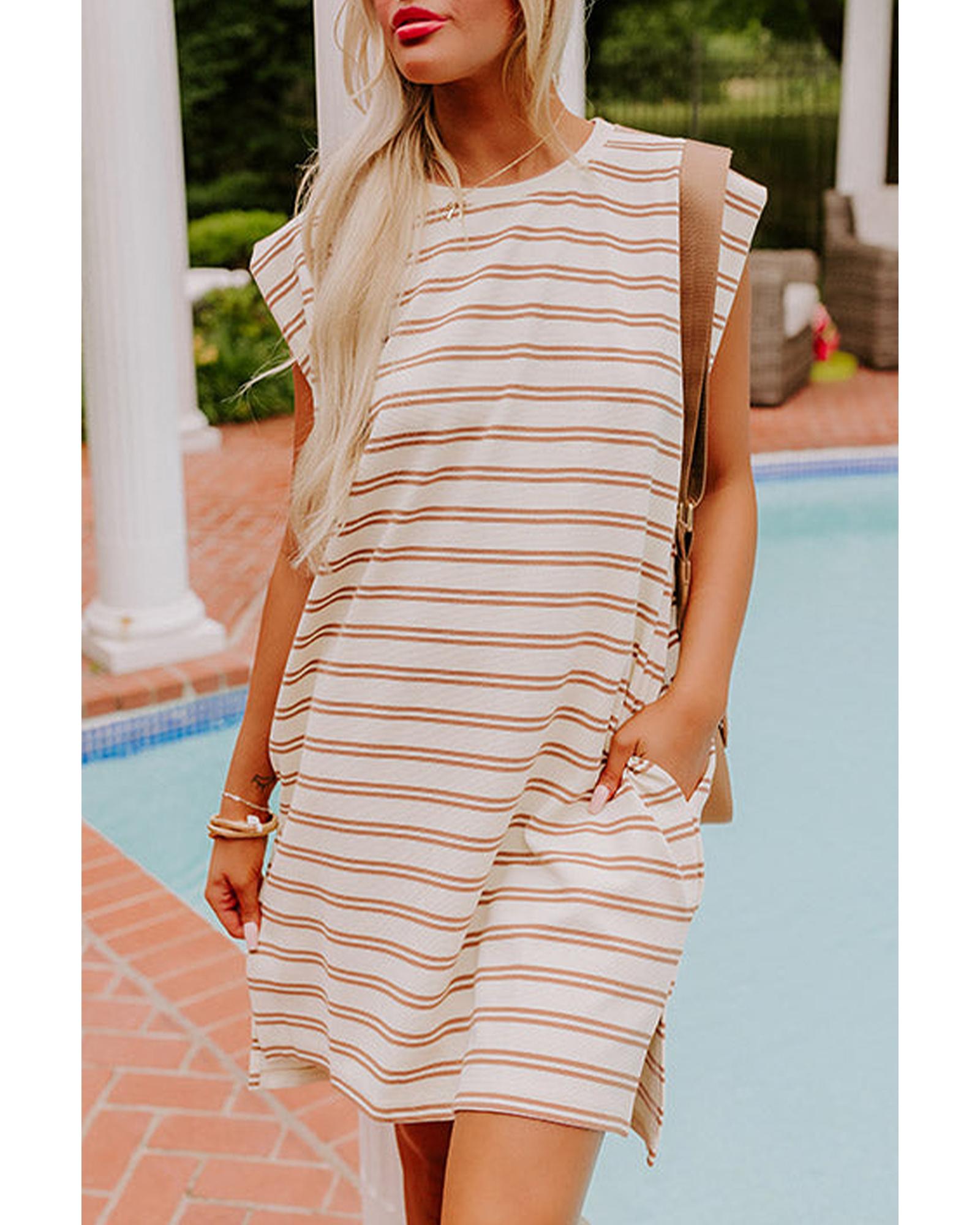 V539-AZEXDC6123243-P1619-L-202508301120-00 Khaki Stripe Round Neck Sleeveless Casual Pocketed Mini Dress - L - Image 1