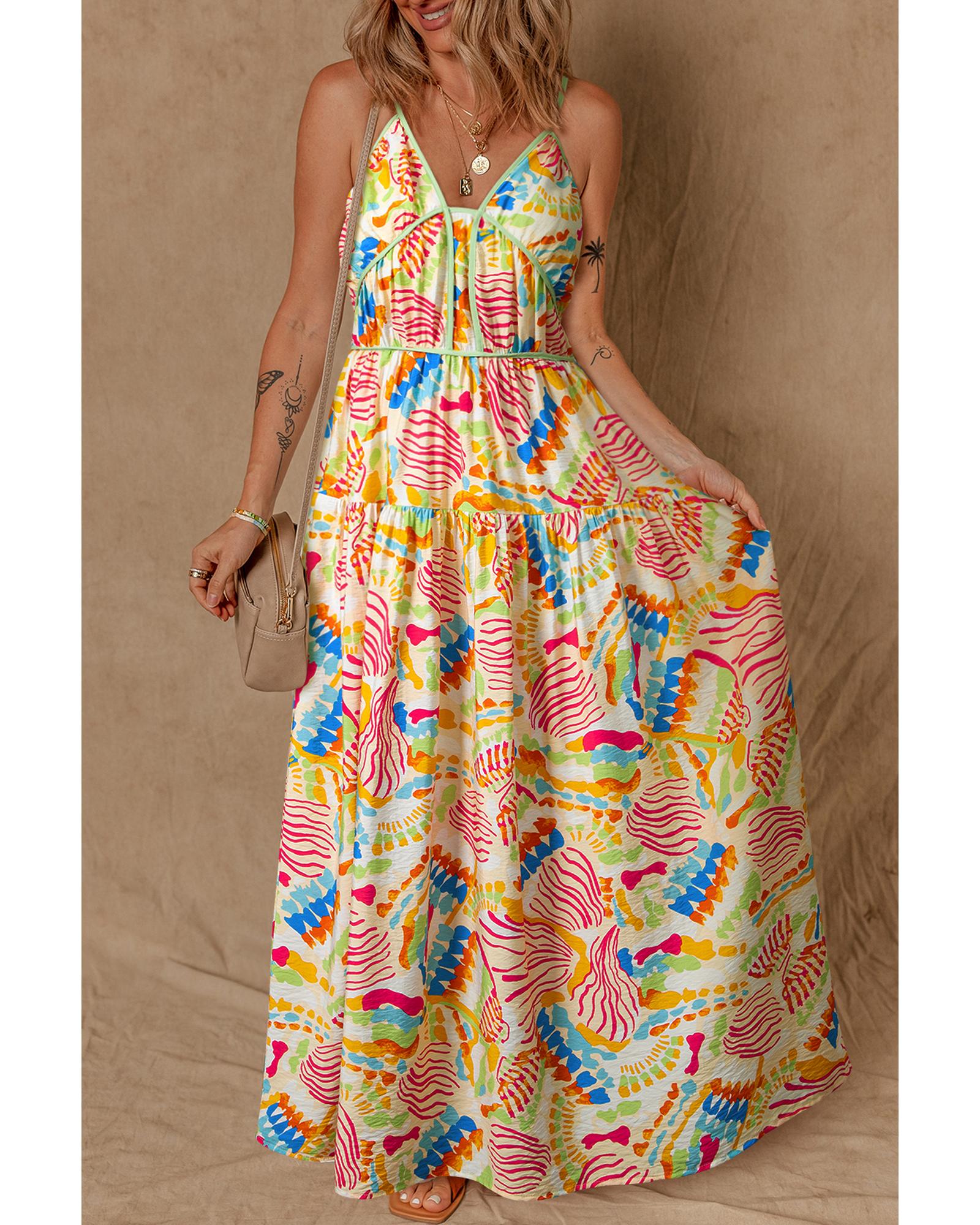 V539-AZEXDC6123248-P1420-M-202508302045-00 Orange Abstract Print Spaghetti Strap Piping Detail Maxi Dres - M - Image 1