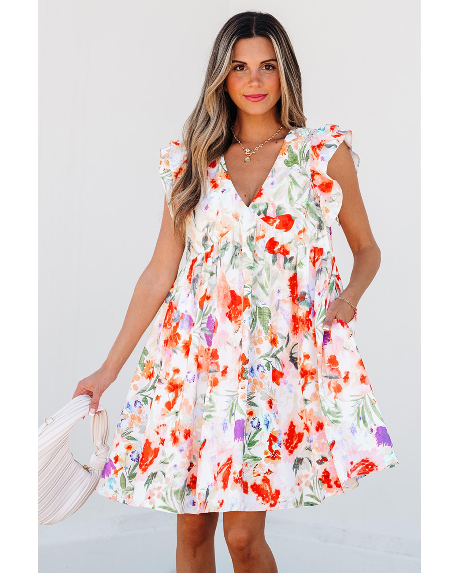 V539-AZEXDC6123252-P1020-L-202508310100-00 Pink Floral Double Ruffle Sleeve V Neck High Waist Mini Dress - L - Image 1