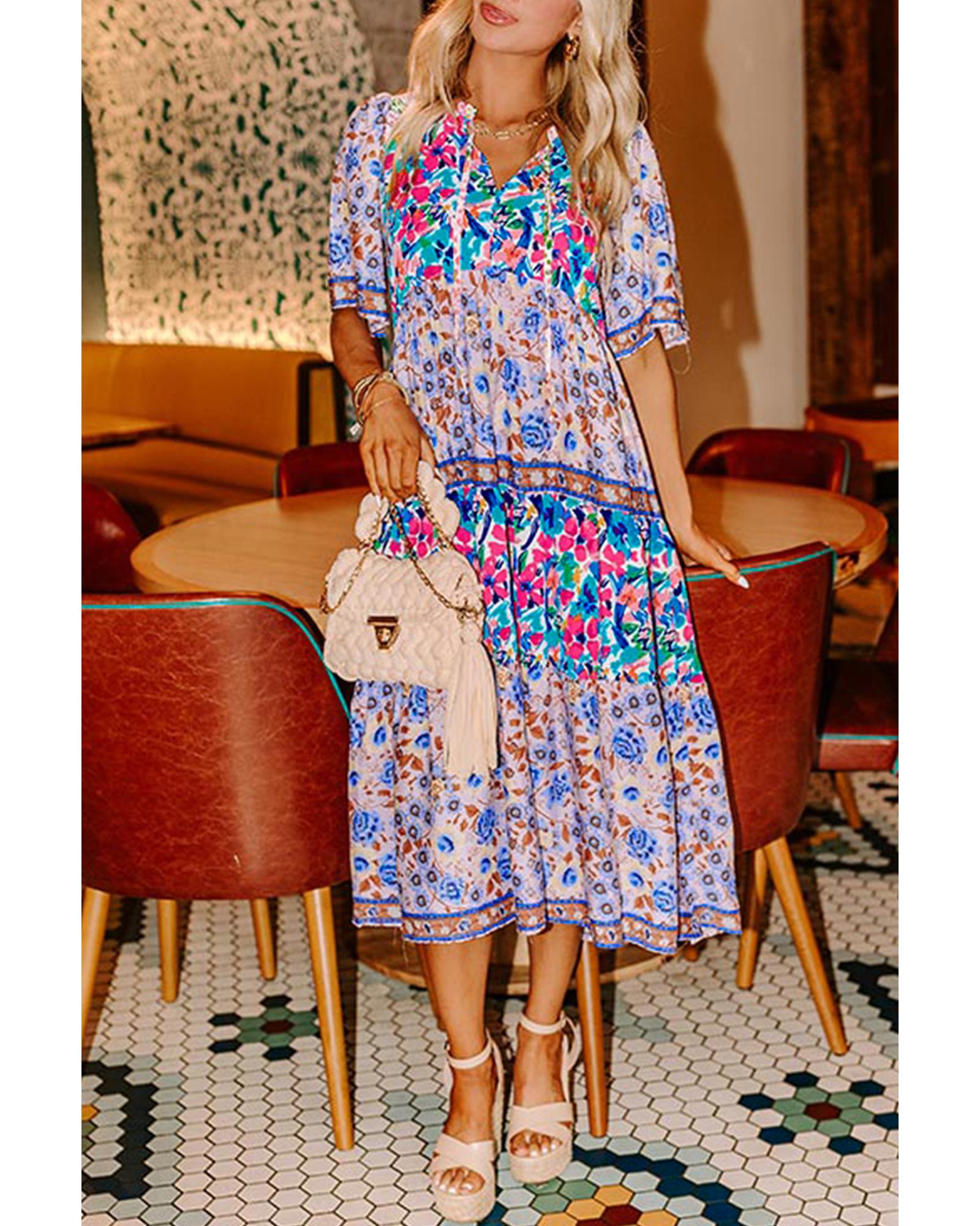 V539-AZEXDC6123261-P420-S-202506141552-00 Sky Blue Mixed Floral Print Tie Split Neck Short Sleeve Dress - S - Image 1