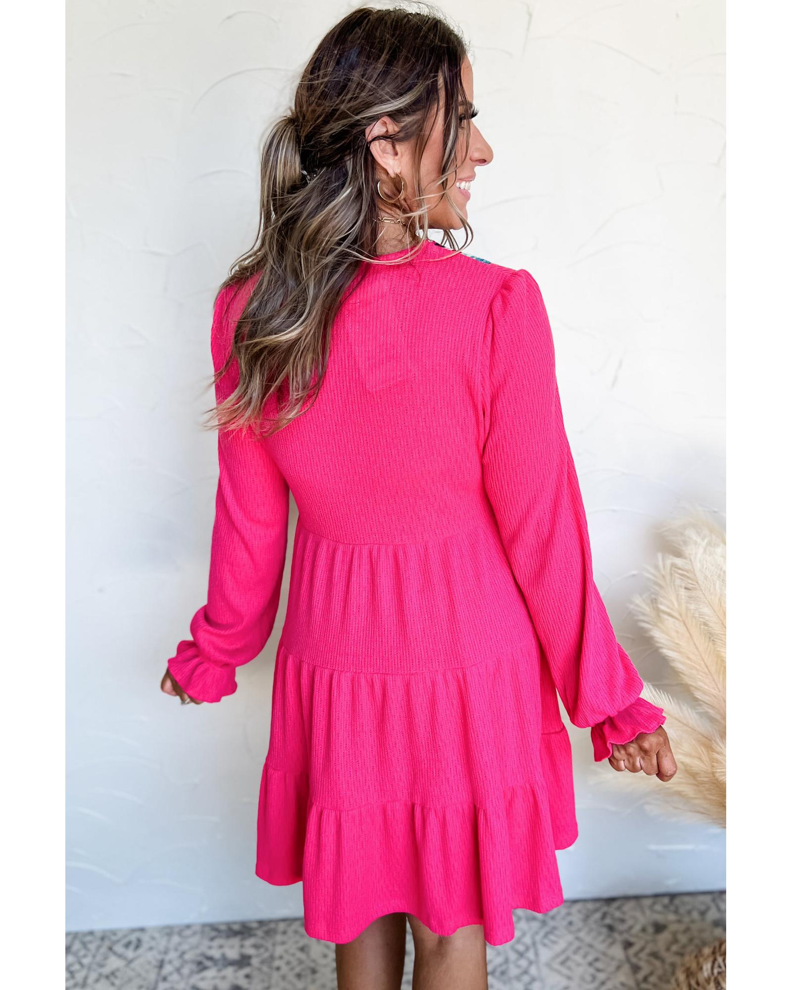 V539-AZEXDC6123268-P6-M-202508301815-00 Rose Red Colorful Crochet V Neck Textured Tiered Ruffled Long Sleeve Mini Dress - M - Image 1