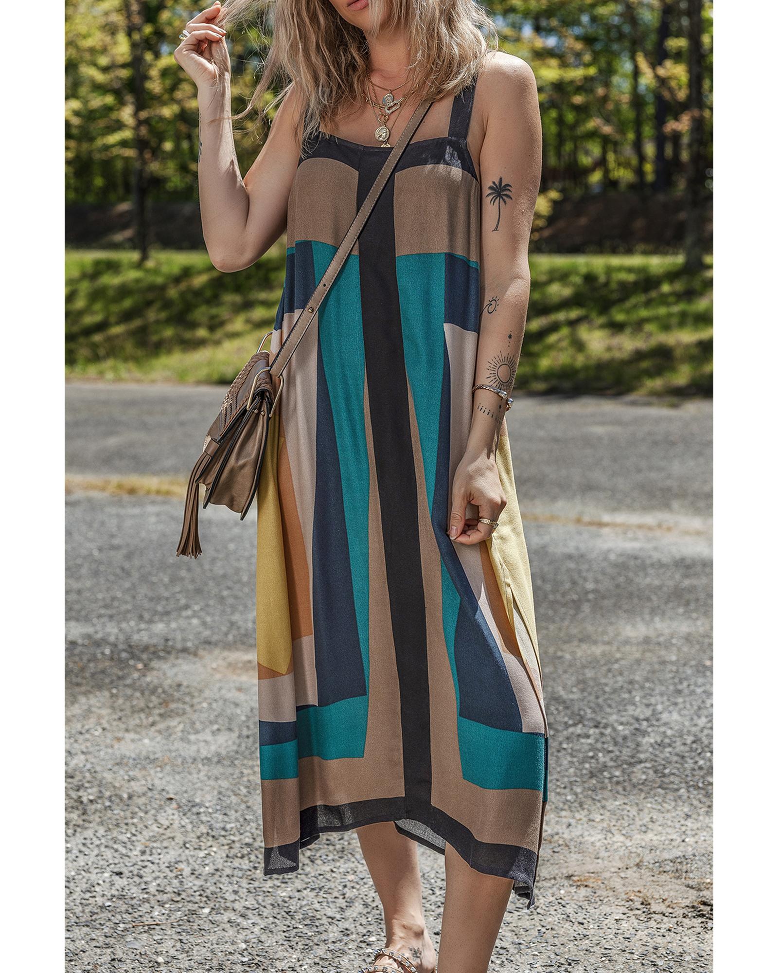 V539-AZEXDC6123299-P1720-S-202506141620-00 Brown Retro Geometric Printed Y Back Sleeveless Dress - S - Image 1