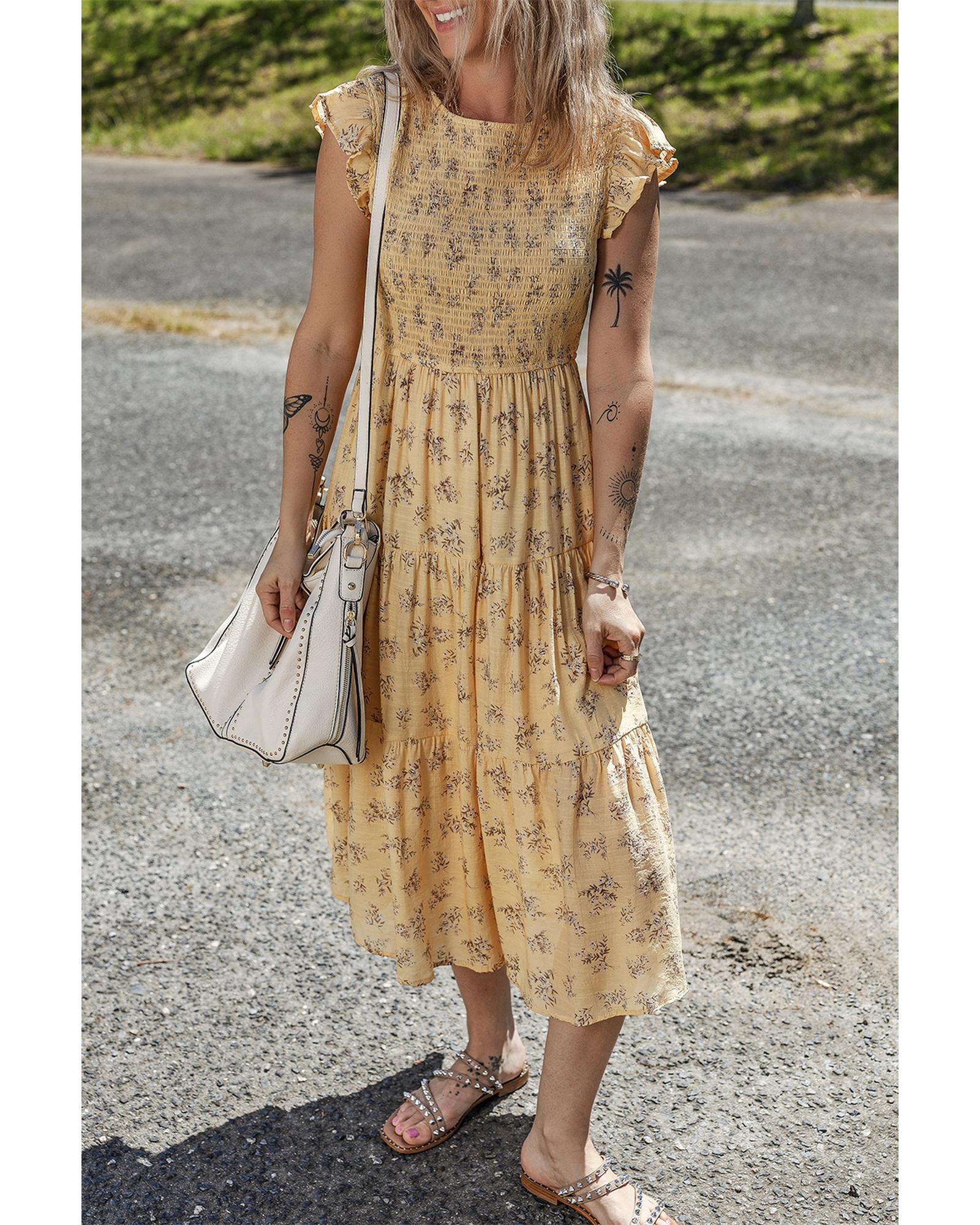 V539-AZEXDC6123300-P720-M-202508301935-00 Yellow Boho Floral Print Ruffle Smocked Flowy Summer Dress - M - Image 1