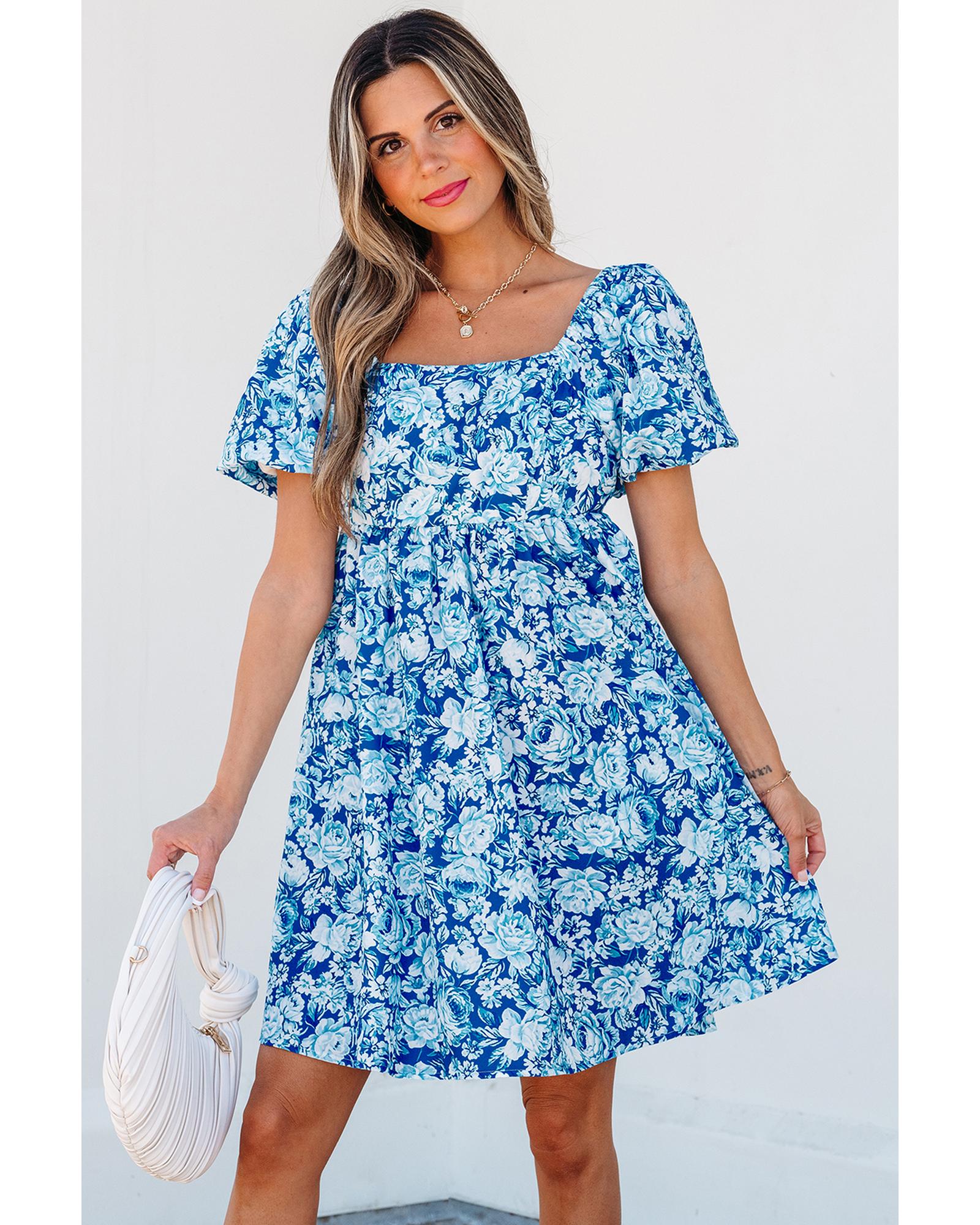 V539-AZEXDC6123428-P520-XL-202508300115-00 Blue Floral Puff Sleeve Babydoll Mini Dress - XL - Image 1