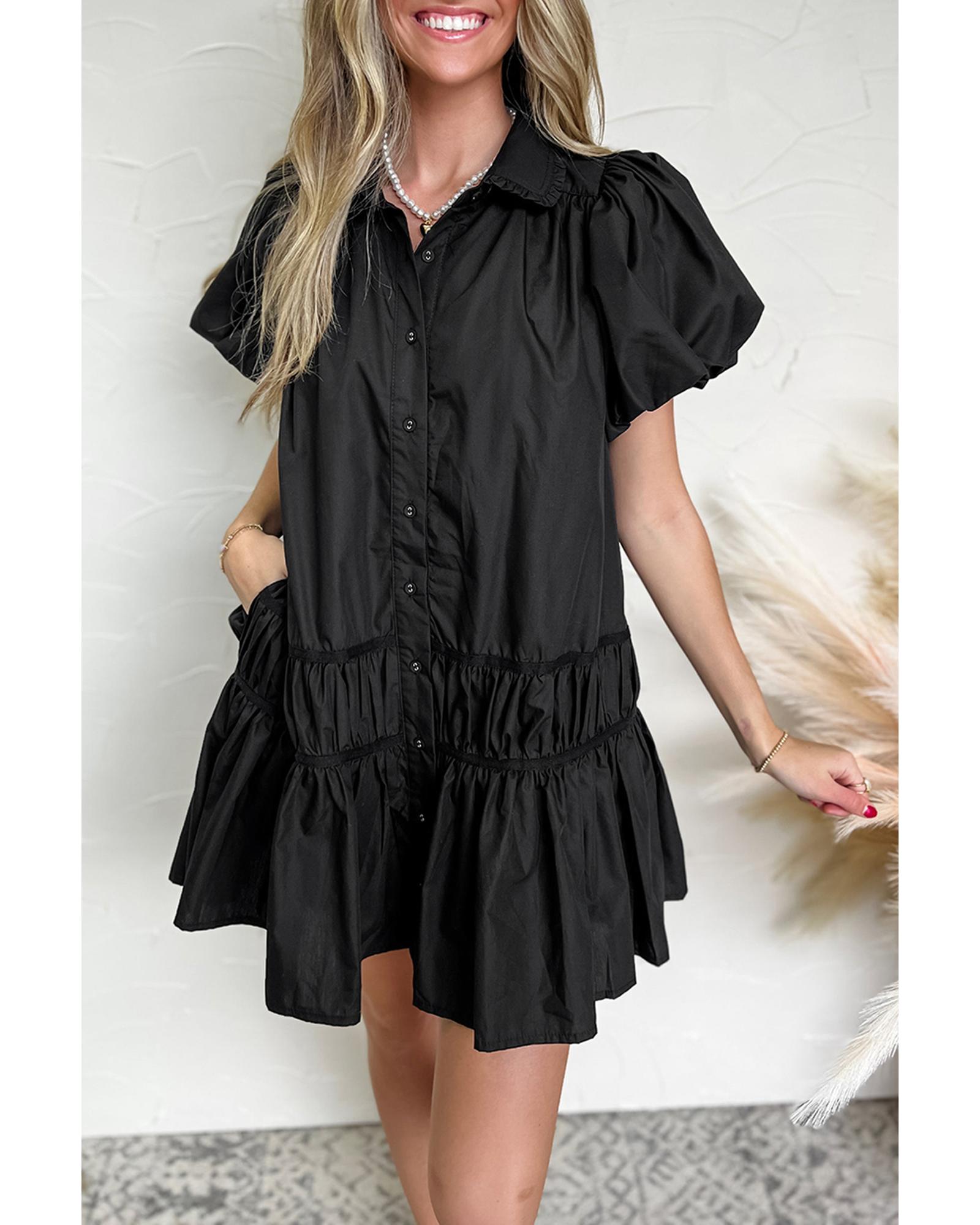 V539-AZEXDC6123432-P2-L-202508300415-00 Black Shirt Style Button Down Puff Sleeve Ruffle Hem Dress - L - Image 1