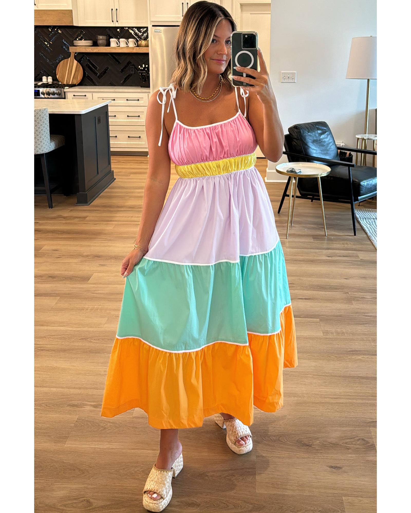 V539-AZEXDC6123437-P22-XL-202508281550-00 Multicolour Colorblock Self-tie Straps High Waist Flowy Maxi Dress with Pockets - XL - Image 1