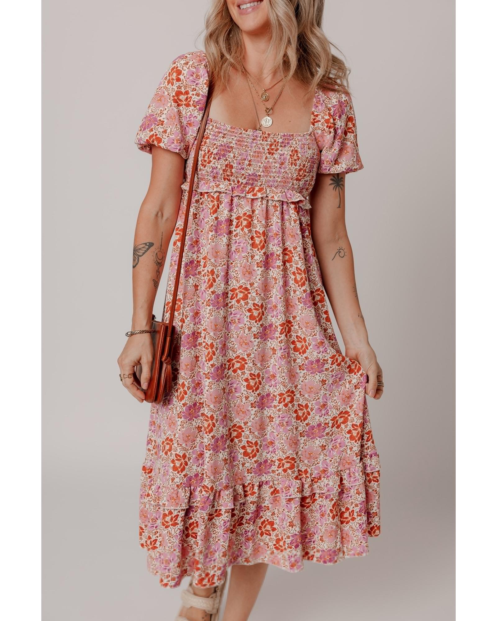 V539-AZEXDC6123504-P1020-M-202508281750-00 Pink Floral Square Neck Knotted Ruffle Midi Dress - M - Image 1