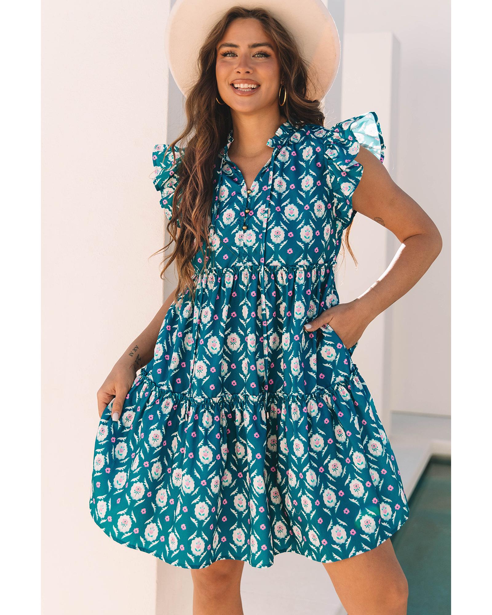 V539-AZEXDC6123515-P520-S-202506141731-00 Blue Retro Floral Print Split Neck Ruffle Short Sleeve Dress - S - Image 1