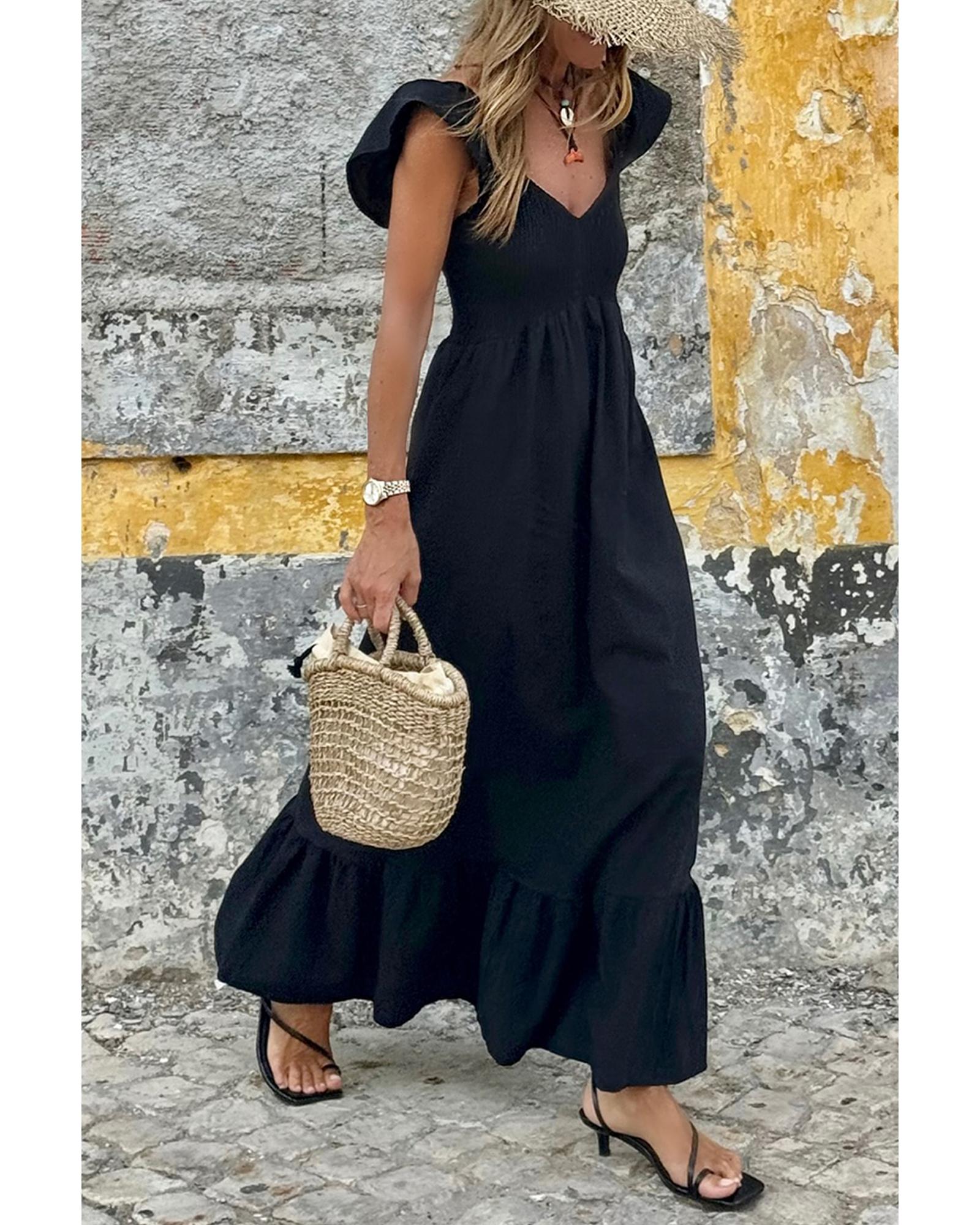 Black V Neck Flutter Sleeve Smocked Bodice High Waist Ruffle Maxi Dress - S