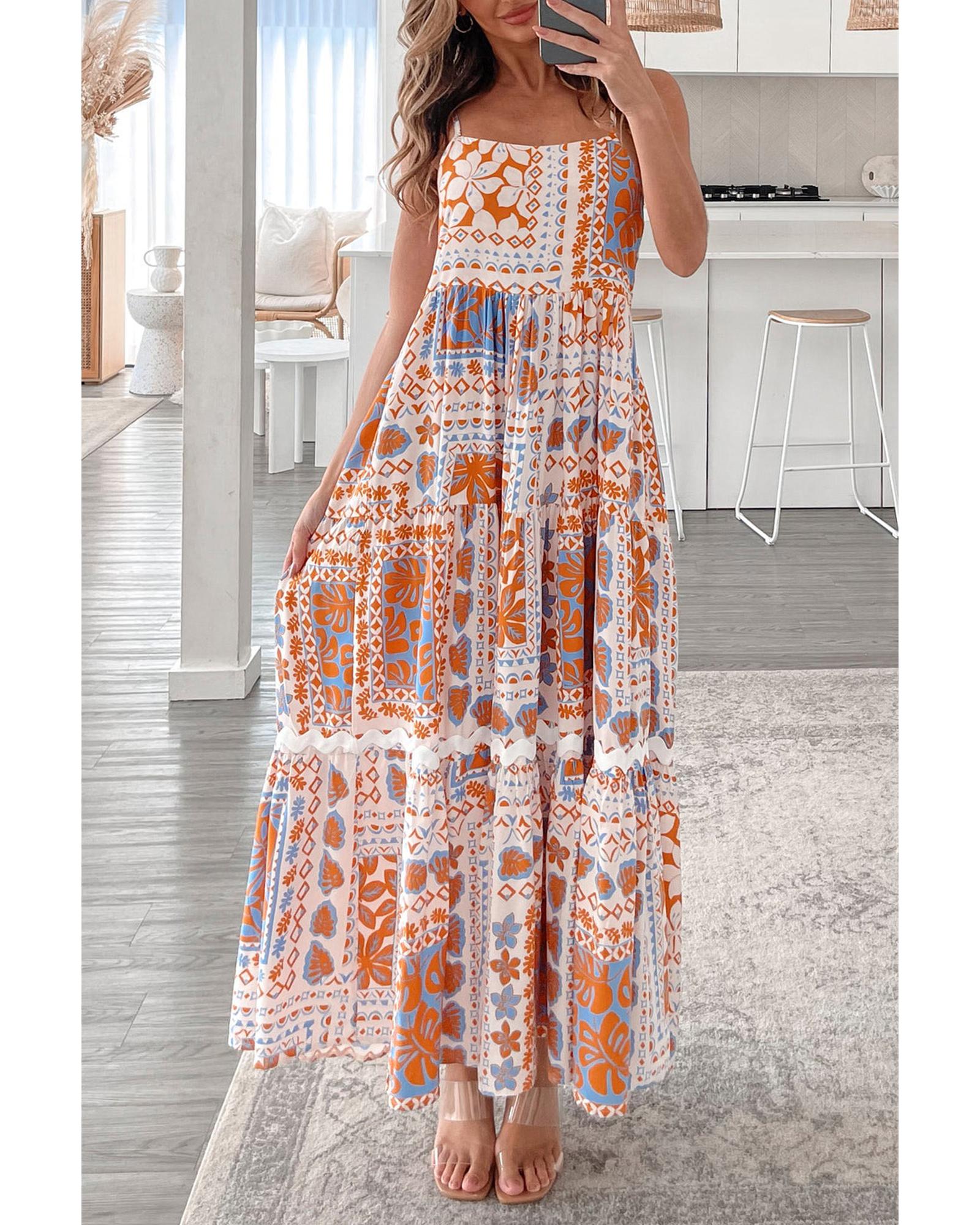 V539-AZEXDC6123569-P1420-M-202506141746-00 Orange Multi Printed Ricrac Trim Spaghetti Straps Maxi Dress - M - Image 1