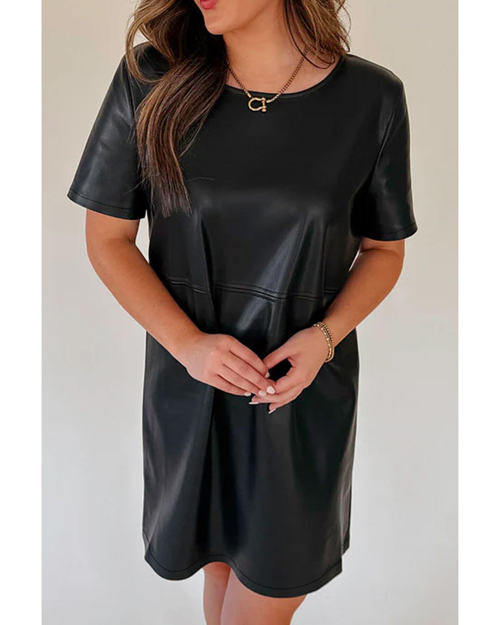 V539-AZEXDC6123591-P2-L-202508280410-00 Black Faux Leather Loose T-shirt Dress - L - Image 1