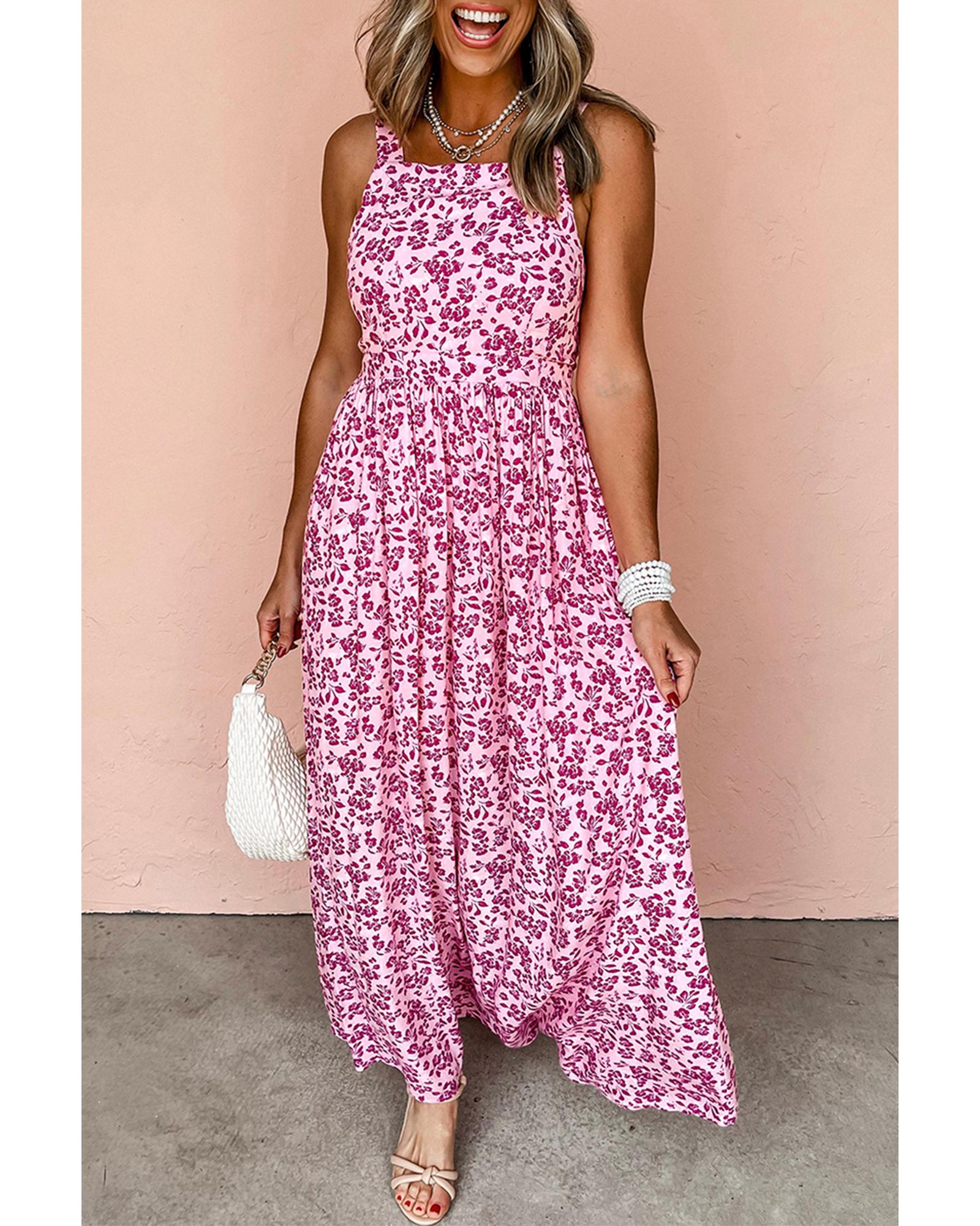 V539-AZEXDC6123612-P1020-S-202506141810-00 Pink Floral Cutout Back Empire Waist Sleeveless Maxi Dress - S - Image 1