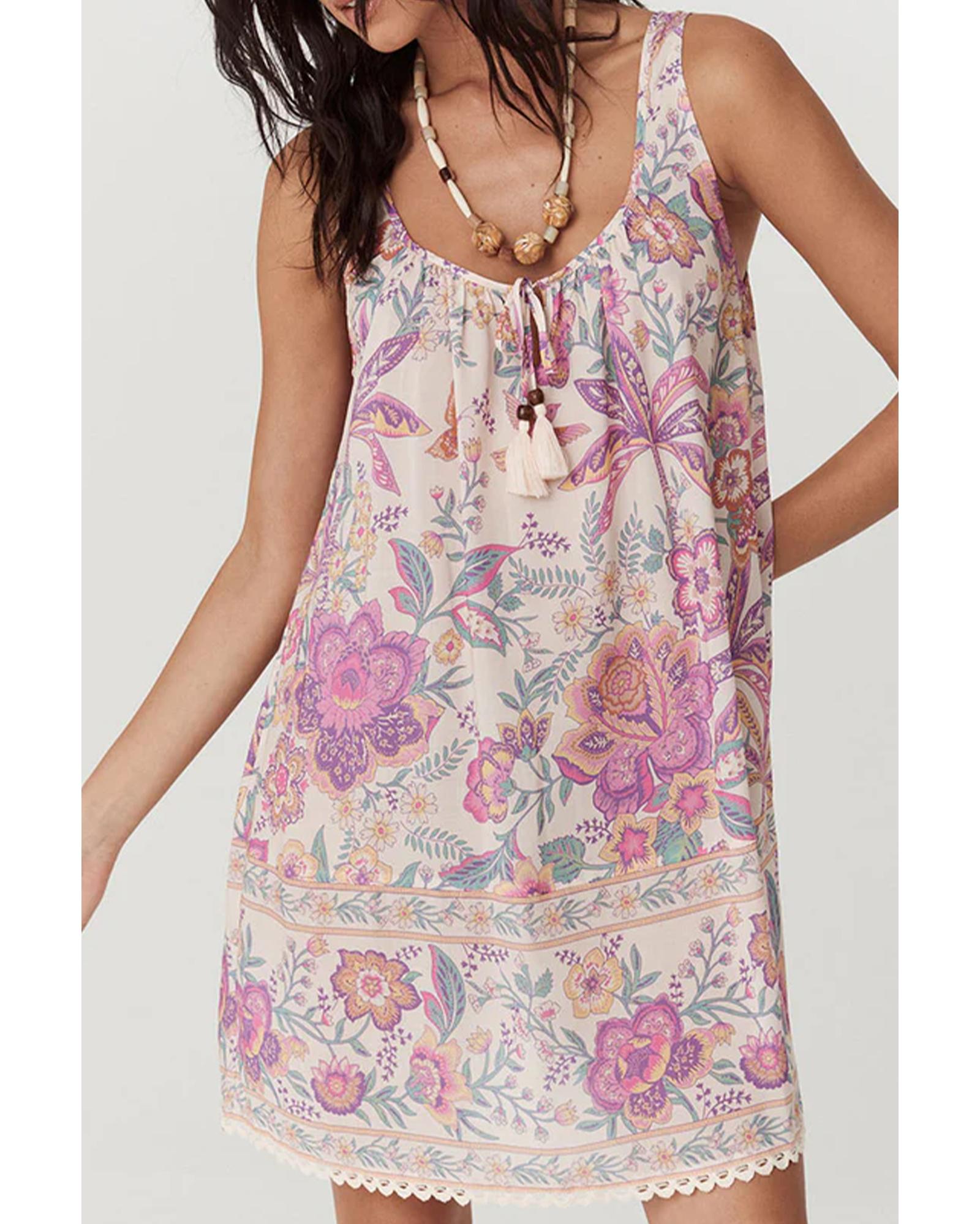 V539-AZEXDC6123636-P22-XL-202508280530-00 Multicolour Floral Print Fringed Tie U Neck Sleeveless Mini Dress - XL - Image 1