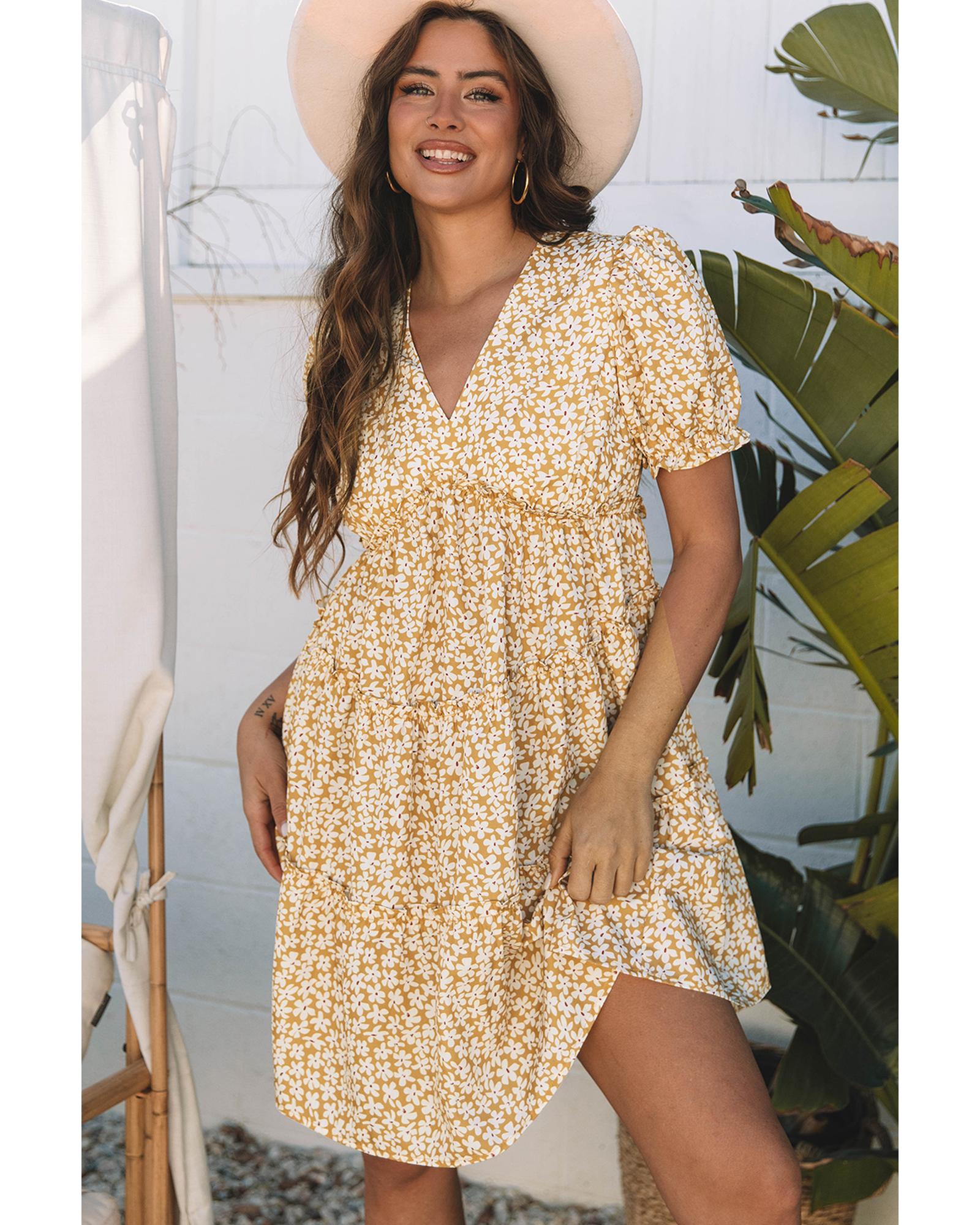 V539-AZEXDC6123658-P720-L-202508281445-00 Yellow Floral Short Sleeve V Neck Frilly Tiered Mini Dress - L - Image 1