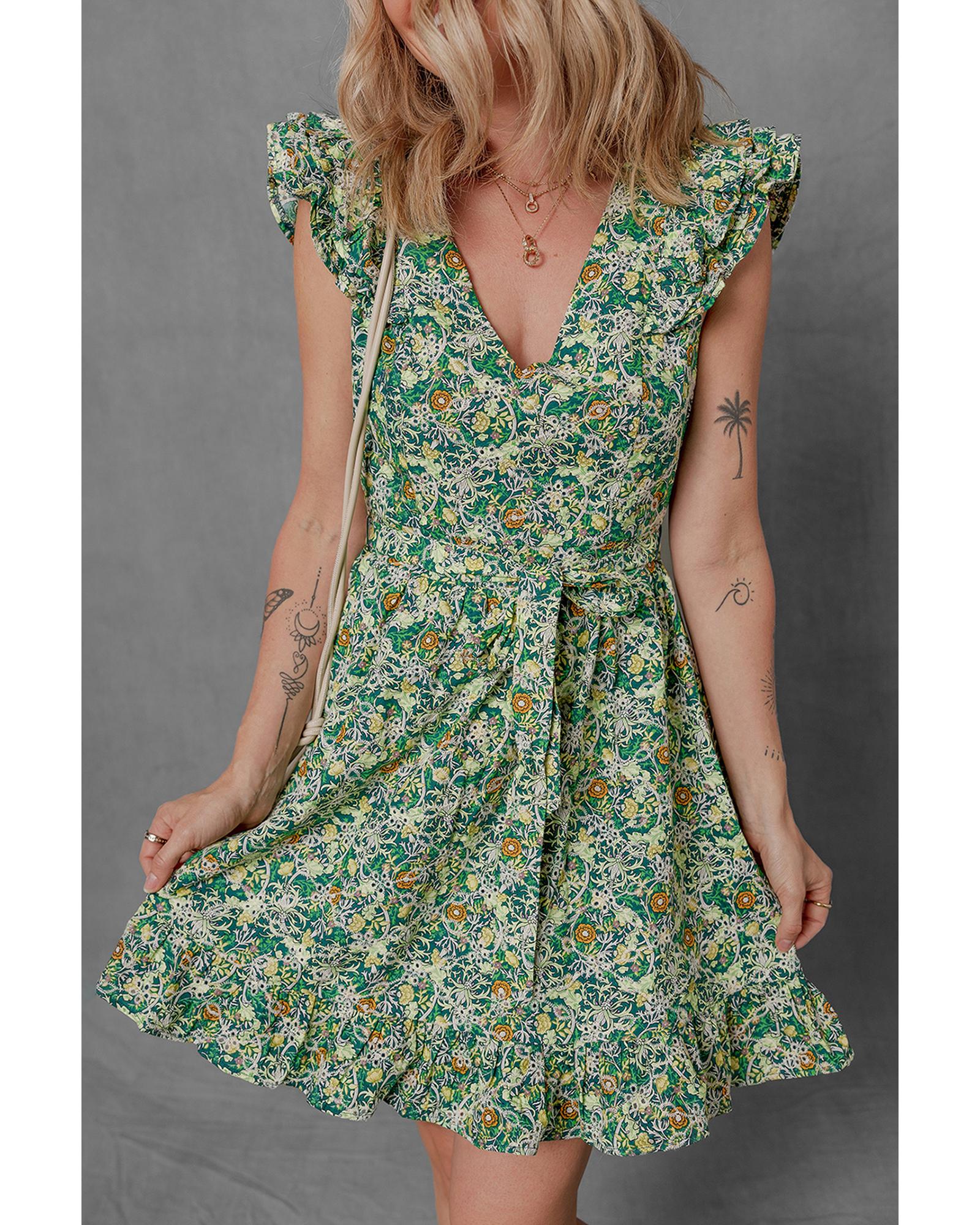 V539-AZEXDC6123661-P920-L-202508300055-00 Green Flower Print Flutter Sleeve V Neck Sashed Ruffled Mini Dress - L - Image 1